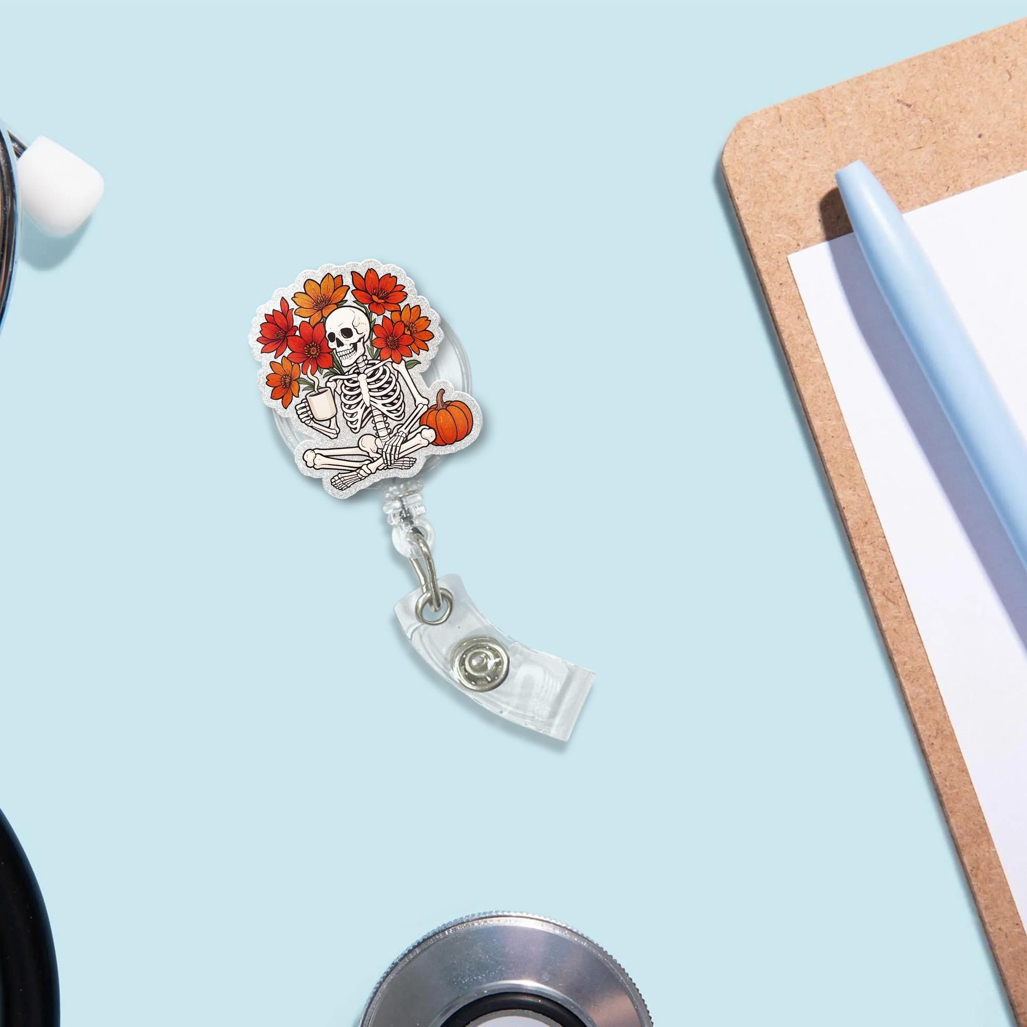 Fall Skeleton Badge Reel, Floral Pumpkin ID Holder, Halloween Nurse Badge Clip, Cute Retractable Lanyard, Autumn Office Accessory