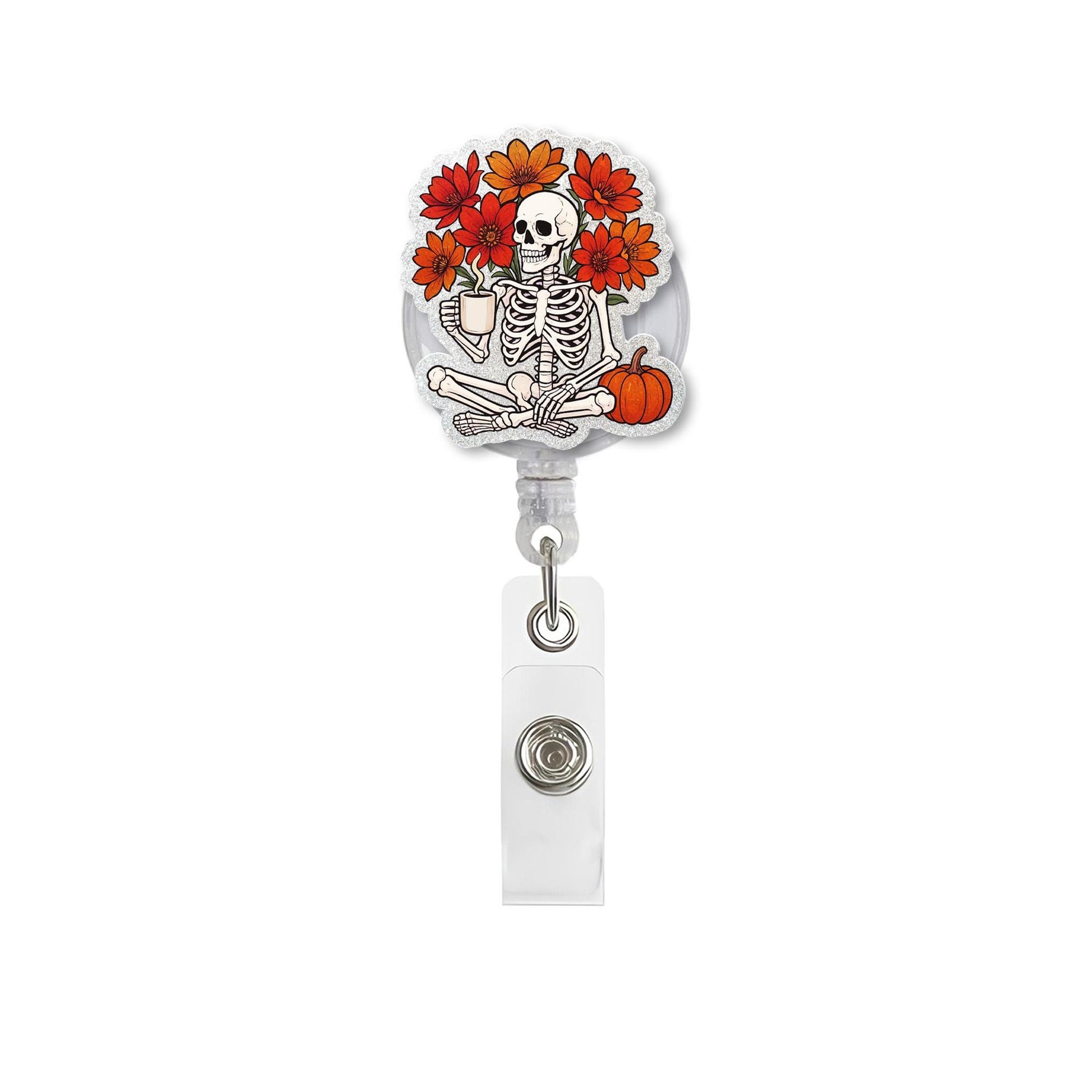 Fall Skeleton Badge Reel, Floral Pumpkin ID Holder, Halloween Nurse Badge Clip, Cute Retractable Lanyard, Autumn Office Accessory