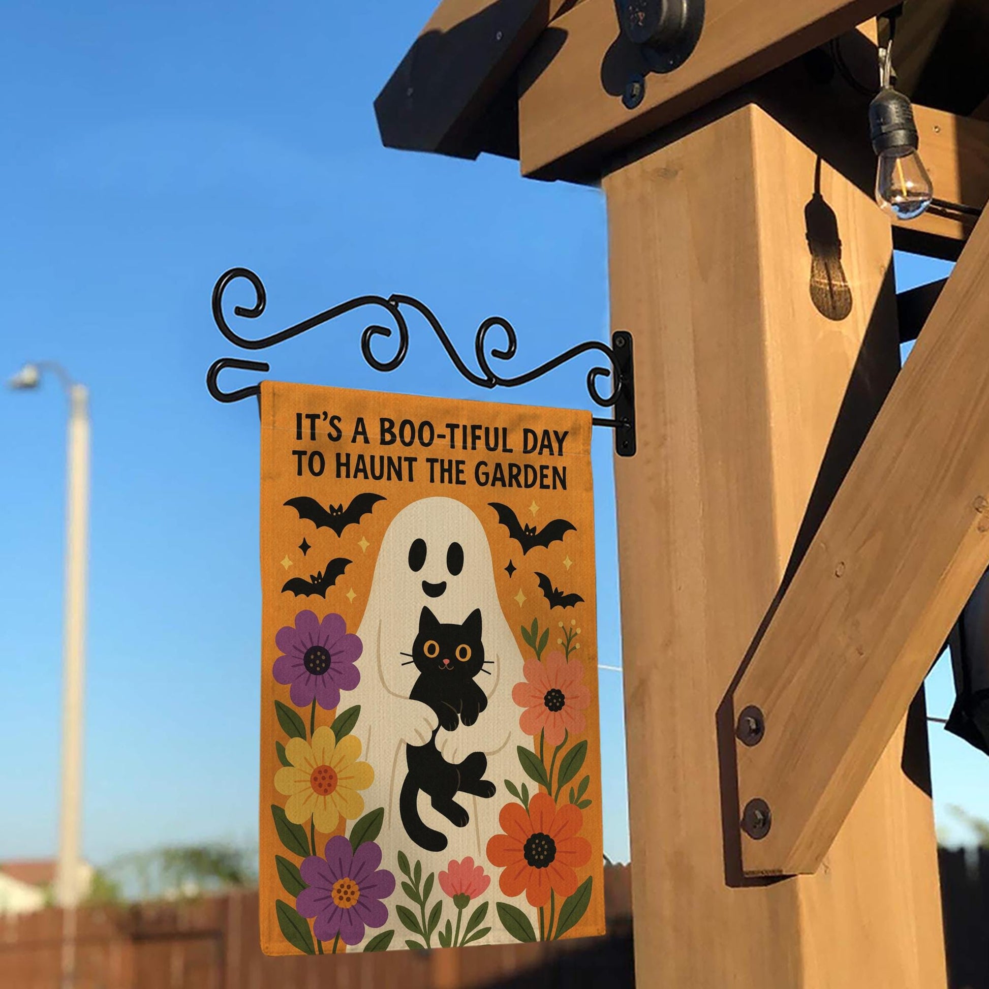 Boo-tiful Day to Haunt the Garden Flag, Halloween Ghost Cat Yard Decor, Fall Floral Outdoor Sign, Spooky Cute Garden Banner
