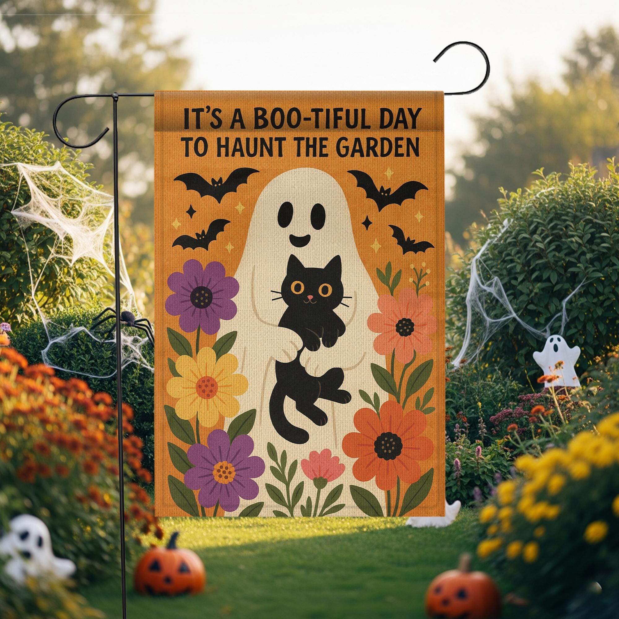 Boo-tiful Day to Haunt the Garden Flag, Halloween Ghost Cat Yard Decor, Fall Floral Outdoor Sign, Spooky Cute Garden Banner
