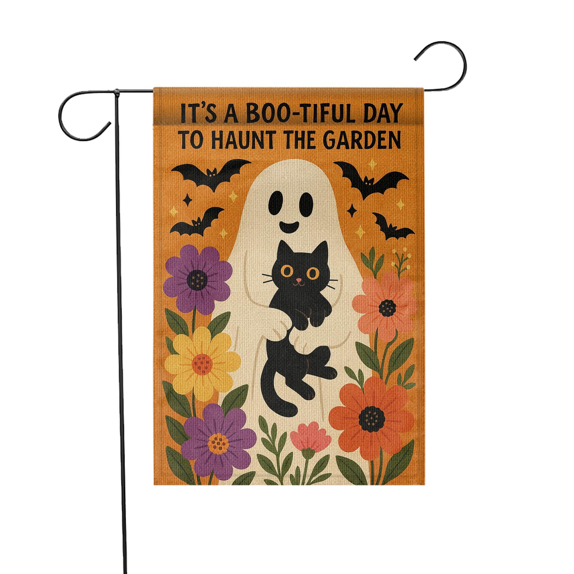 Boo-tiful Day to Haunt the Garden Flag, Halloween Ghost Cat Yard Decor, Fall Floral Outdoor Sign, Spooky Cute Garden Banner