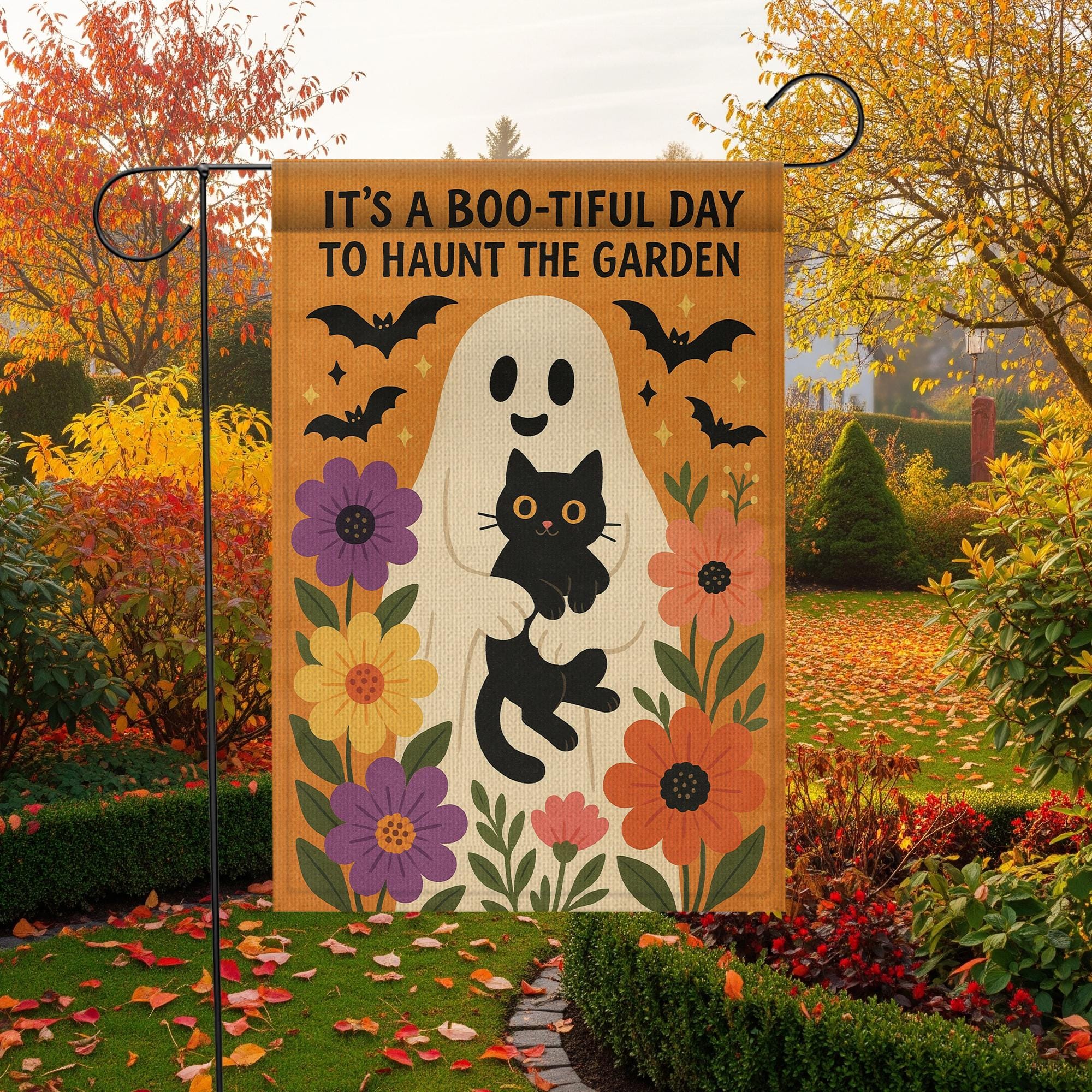 Boo-tiful Day to Haunt the Garden Flag, Halloween Ghost Cat Yard Decor, Fall Floral Outdoor Sign, Spooky Cute Garden Banner
