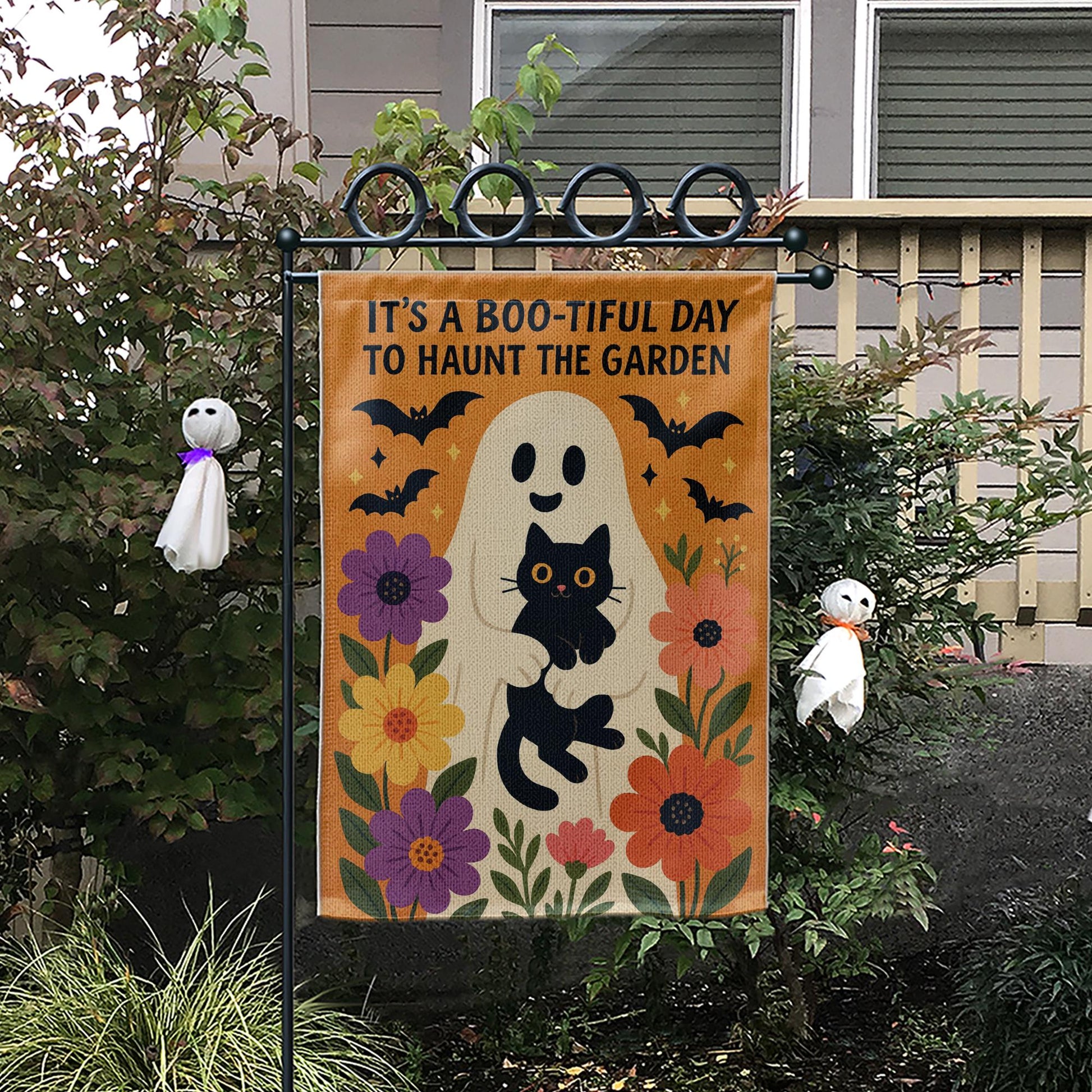Boo-tiful Day to Haunt the Garden Flag, Halloween Ghost Cat Yard Decor, Fall Floral Outdoor Sign, Spooky Cute Garden Banner