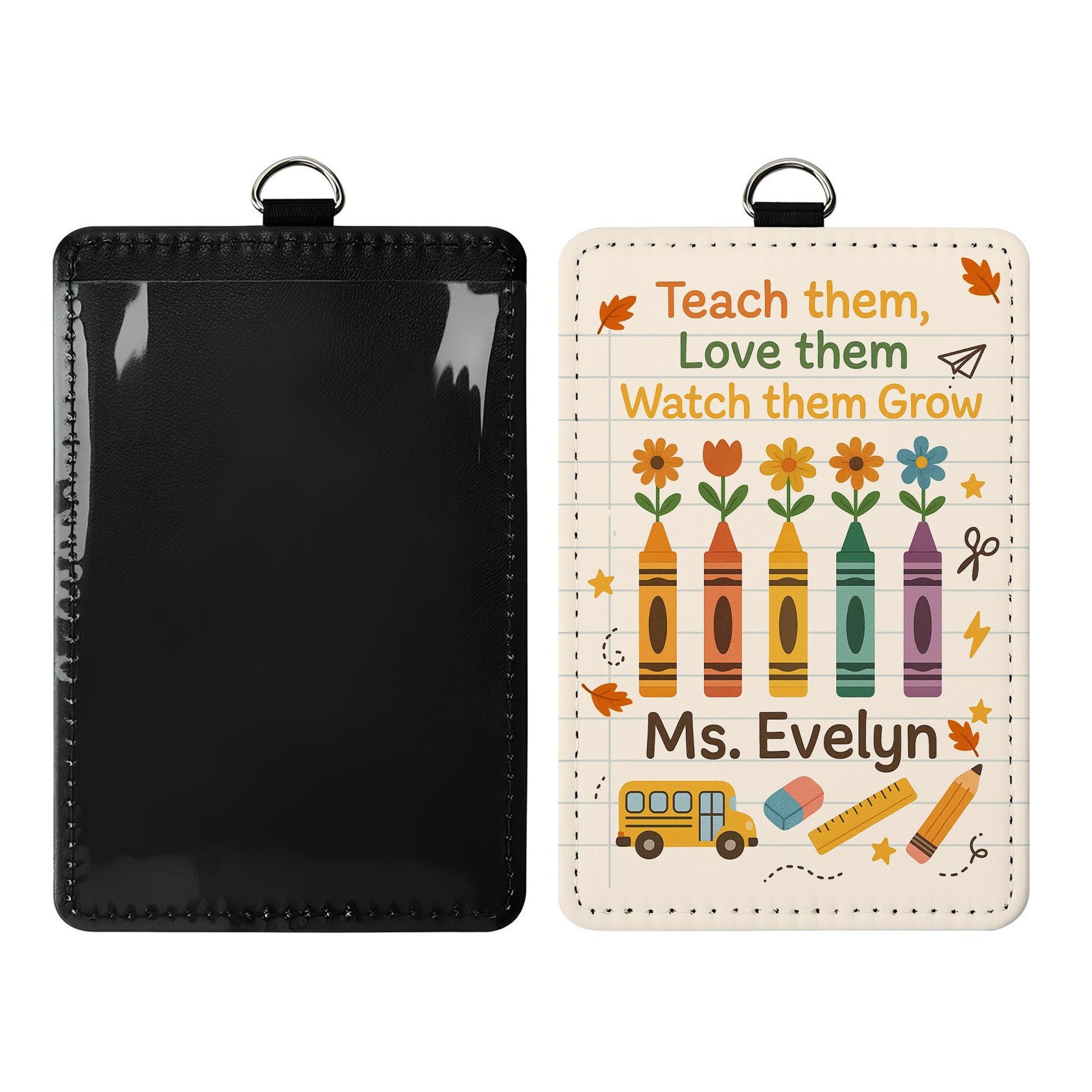 Personalized Teacher Badge Holder, Crayon Floral ID Card Case, Back to School Gift, Custom Name Tag, Cute Classroom Accessory, Cute badge