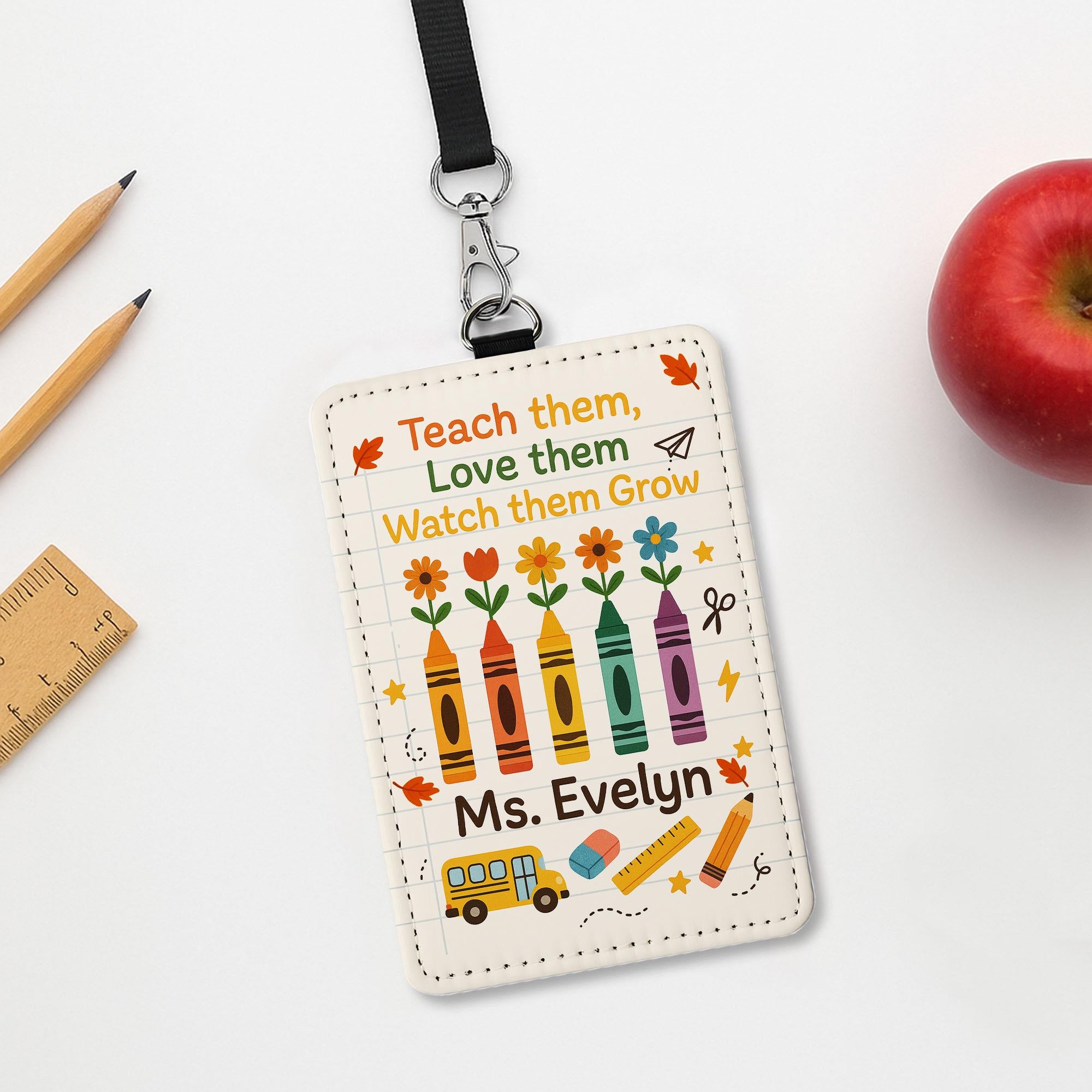Personalized Teacher Badge Holder, Crayon Floral ID Card Case, Back to School Gift, Custom Name Tag, Cute Classroom Accessory, Cute badge