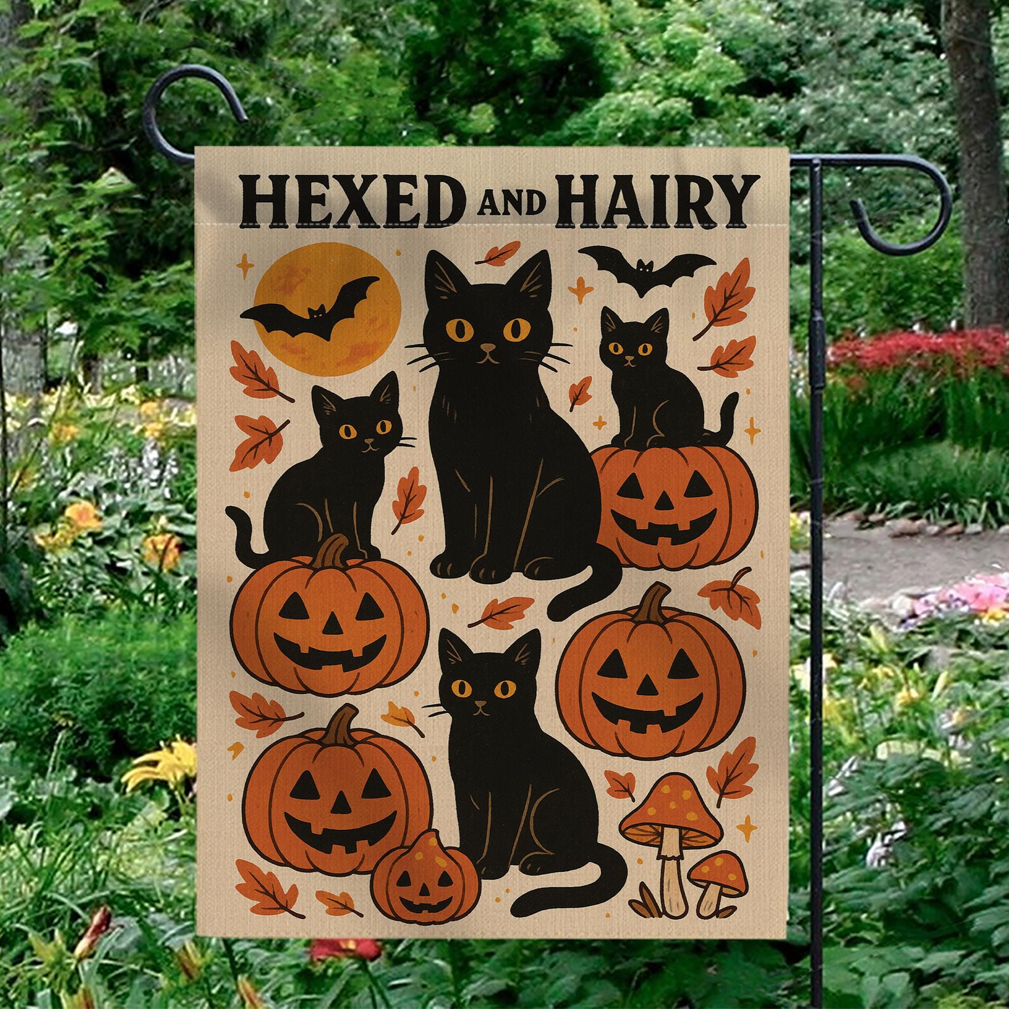 Hexed and Hairy Garden Flag, Halloween Black Cat and Pumpkin Yard Decor, Funny Fall Outdoor Banner, Spooky Cute Porch Flag