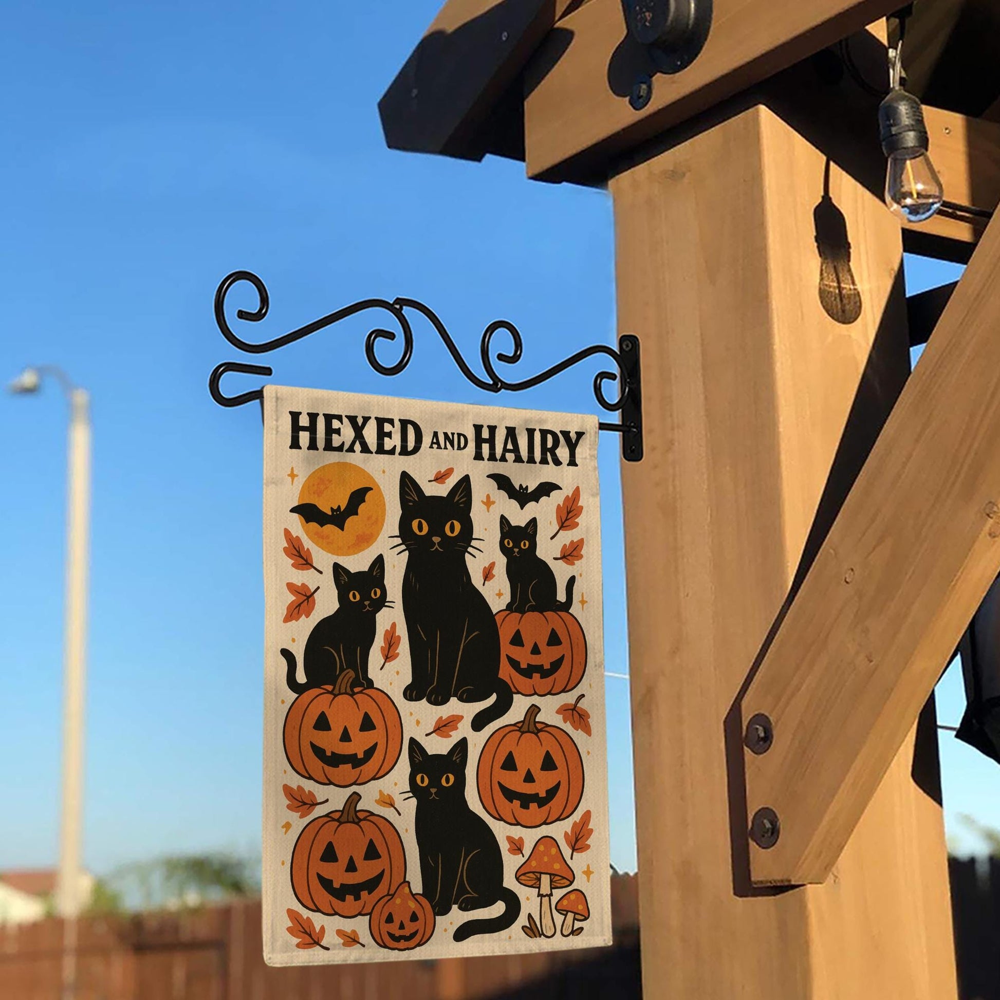 Hexed and Hairy Garden Flag, Halloween Black Cat and Pumpkin Yard Decor, Funny Fall Outdoor Banner, Spooky Cute Porch Flag