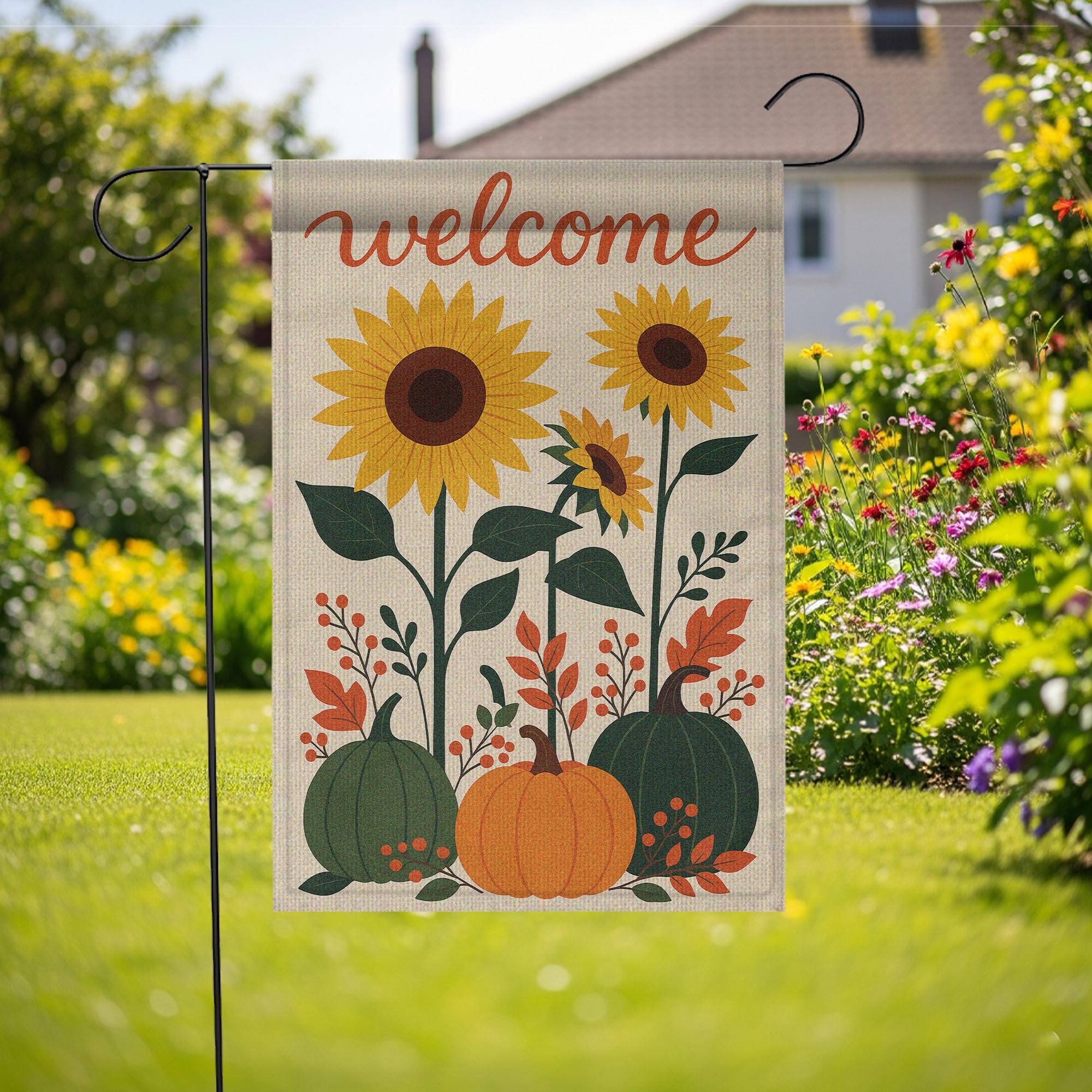 Sunflower Pumpkin Garden Flag, Fall Welcome Yard Banner, Rustic Autumn Outdoor Decor, Seasonal Floral House Flag, Harvest Porch Sign