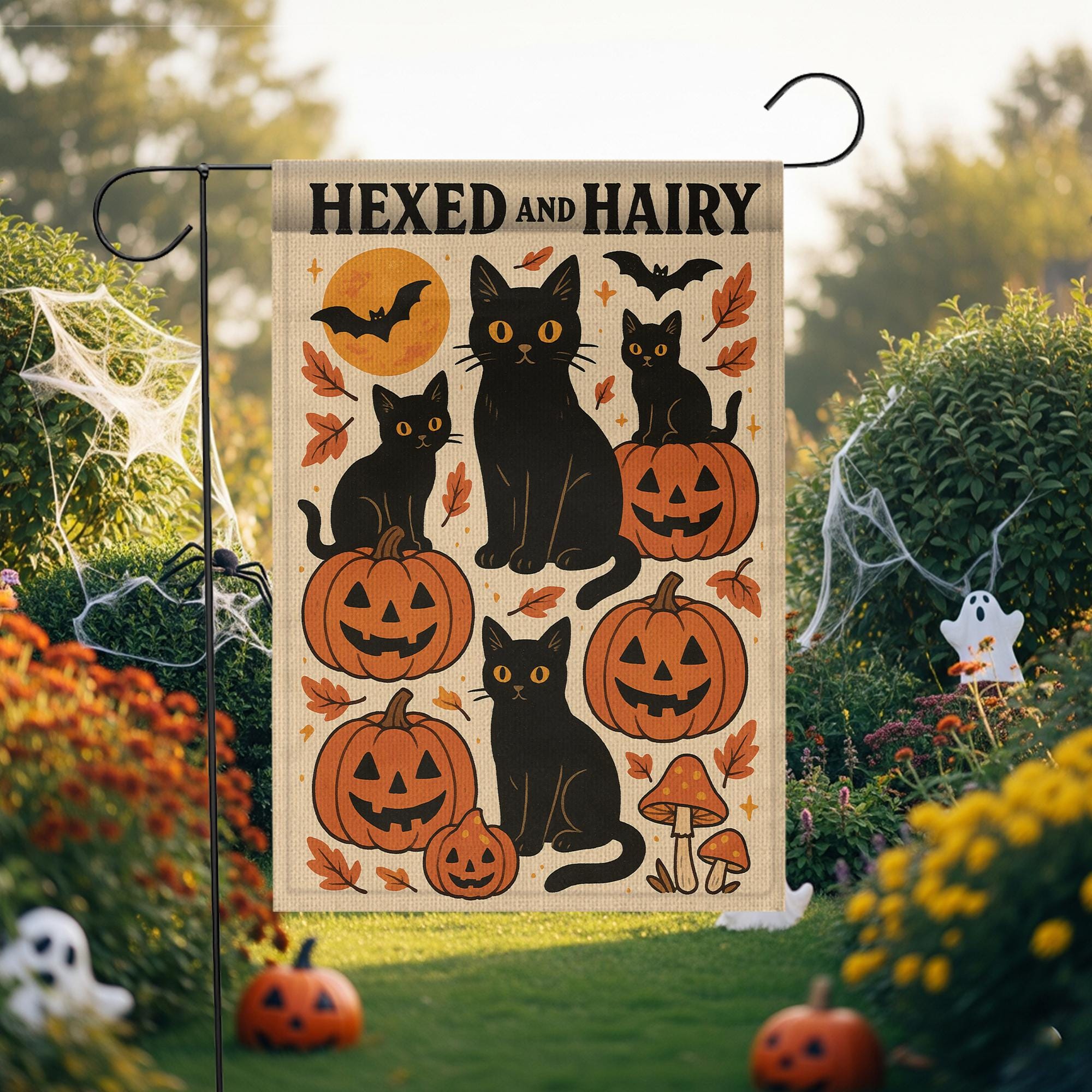 Hexed and Hairy Garden Flag, Halloween Black Cat and Pumpkin Yard Decor, Funny Fall Outdoor Banner, Spooky Cute Porch Flag