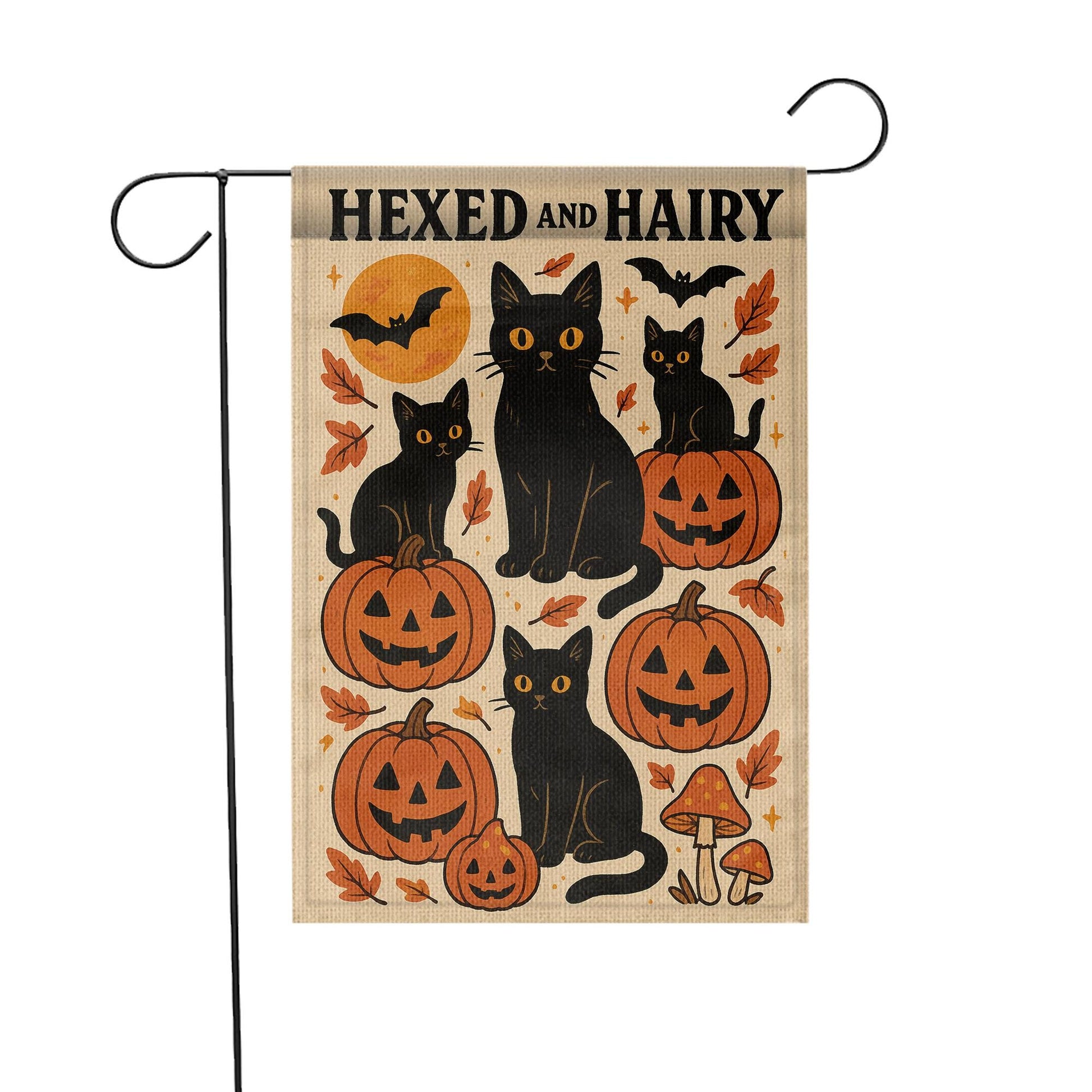 Hexed and Hairy Garden Flag, Halloween Black Cat and Pumpkin Yard Decor, Funny Fall Outdoor Banner, Spooky Cute Porch Flag