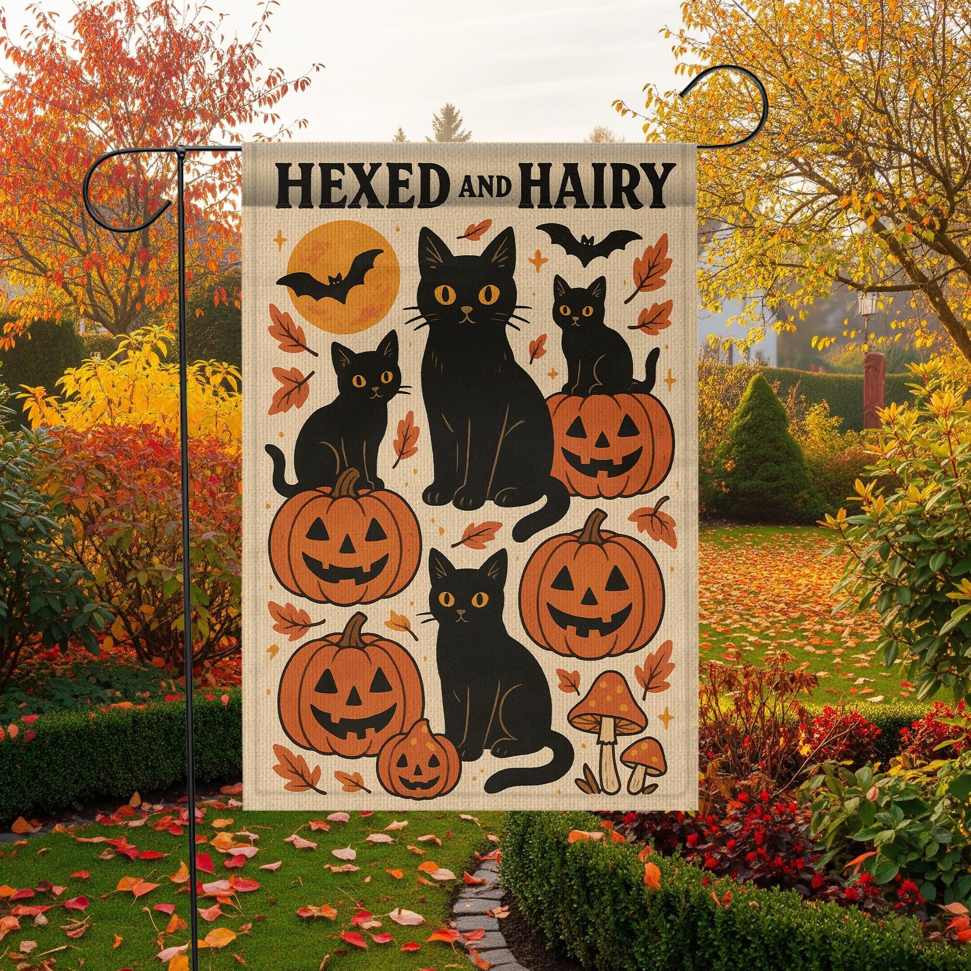Hexed and Hairy Garden Flag, Halloween Black Cat and Pumpkin Yard Decor, Funny Fall Outdoor Banner, Spooky Cute Porch Flag