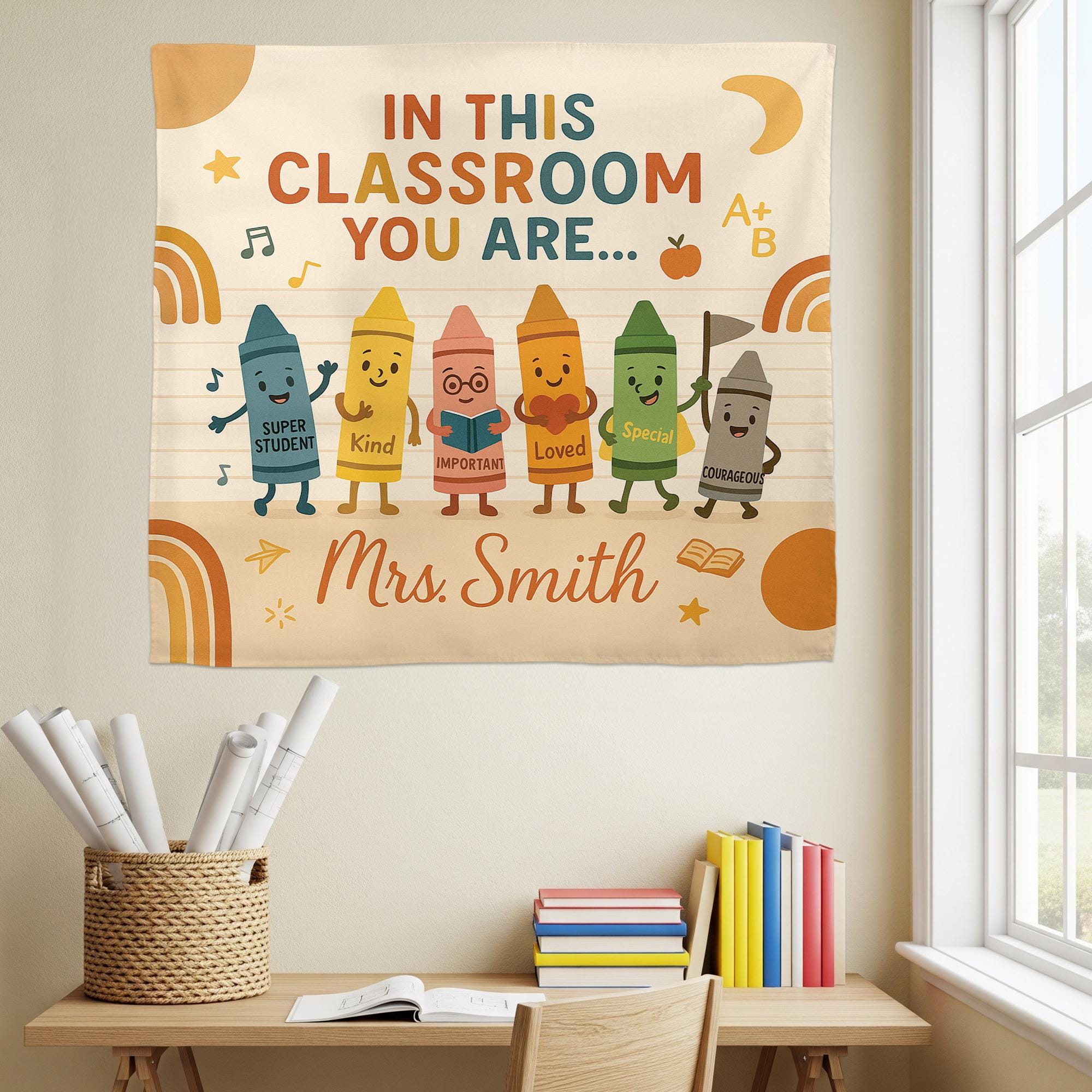 Personalized Classroom Tapestry, Crayon Teacher Wall Decor, Back to School Banner, Motivational Student Poster, Custom Name Sign