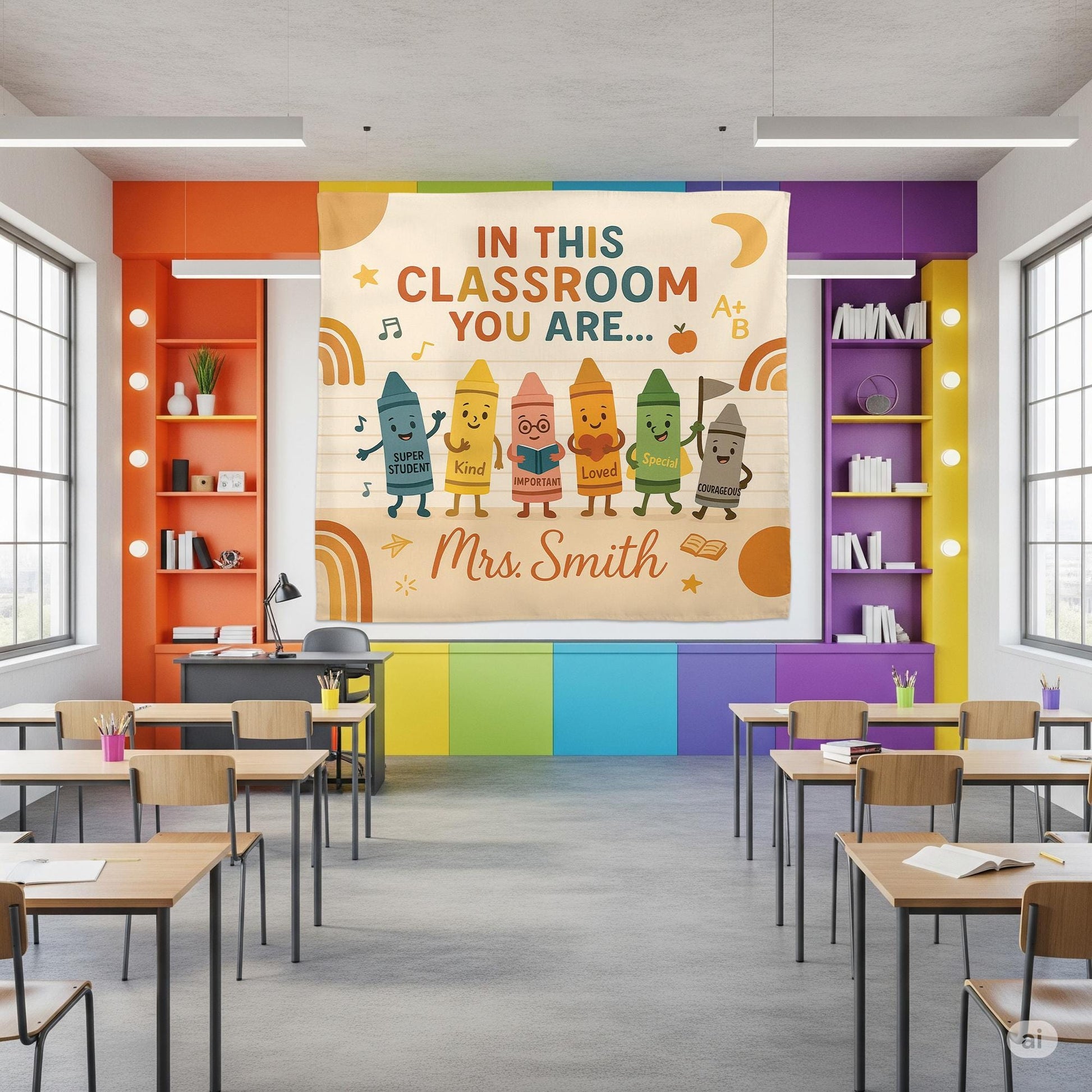 Personalized Classroom Tapestry, Crayon Teacher Wall Decor, Back to School Banner, Motivational Student Poster, Custom Name Sign