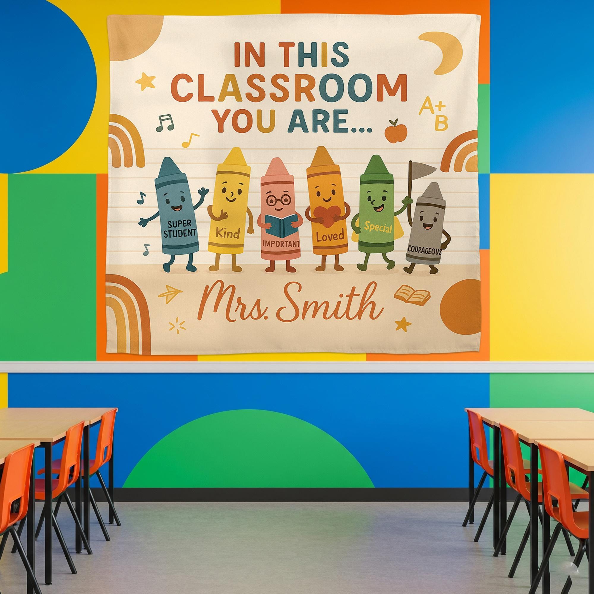 Personalized Classroom Tapestry, Crayon Teacher Wall Decor, Back to School Banner, Motivational Student Poster, Custom Name Sign