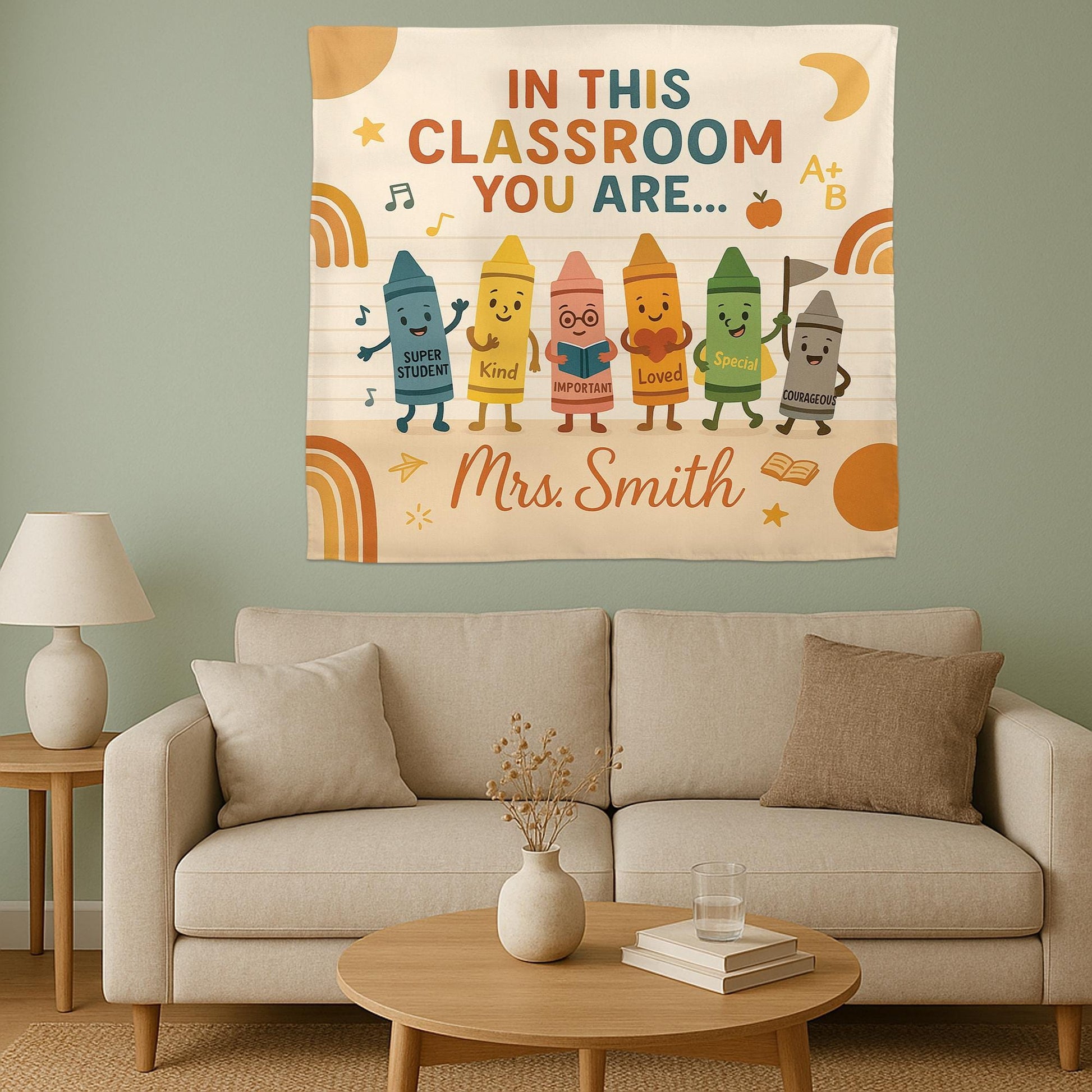 Personalized Classroom Tapestry, Crayon Teacher Wall Decor, Back to School Banner, Motivational Student Poster, Custom Name Sign