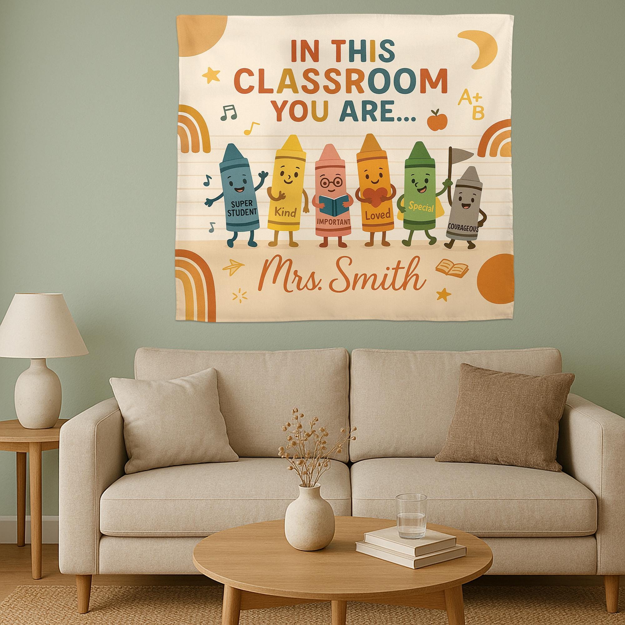 Personalized Classroom Tapestry, Crayon Teacher Wall Decor, Back to School Banner, Motivational Student Poster, Custom Name Sign