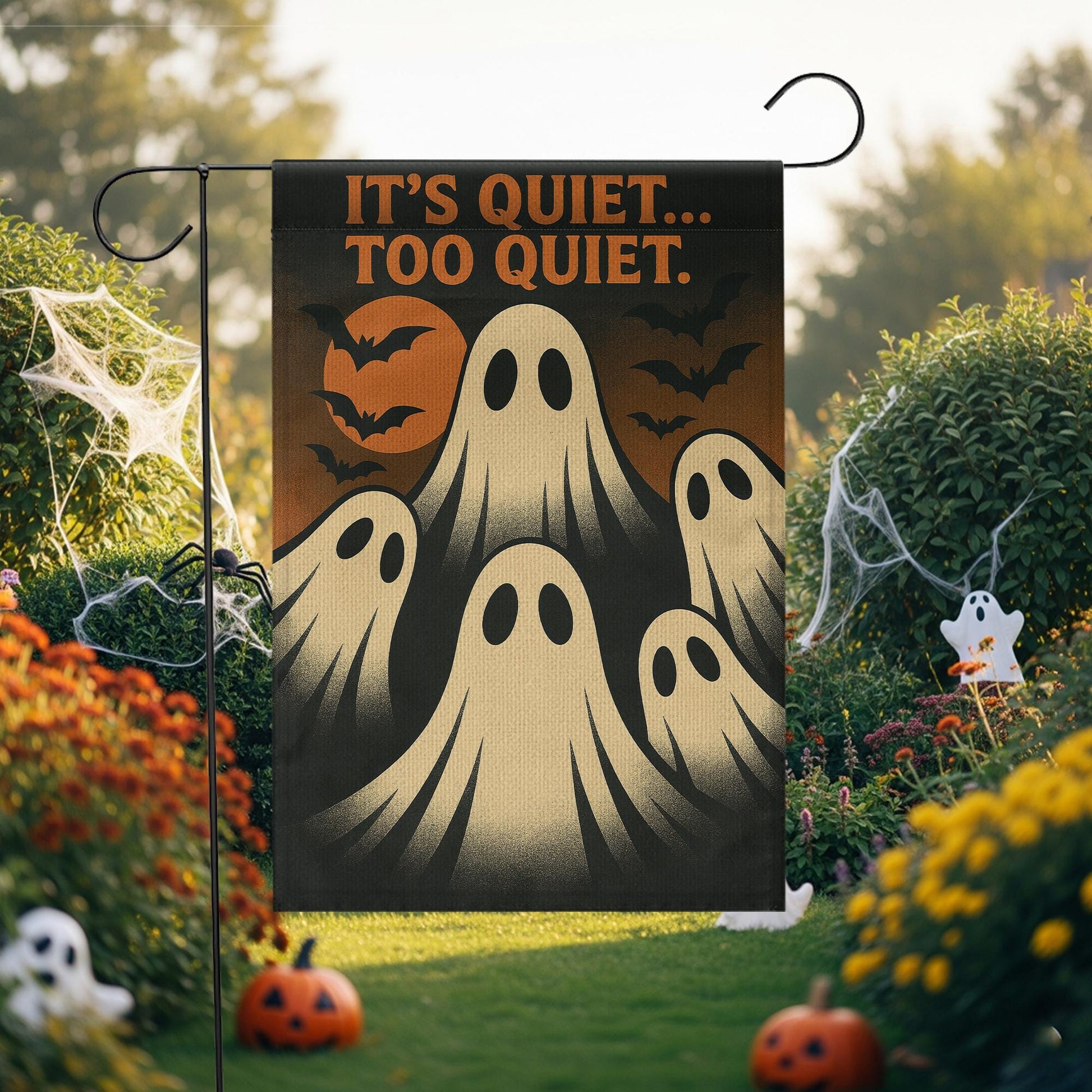 It’s Quiet Too Quiet Garden Flag, Funny Ghost Halloween Yard Decor, Spooky Outdoor Banner, Creepy Cute Fall Porch Decoration, Halloween Yard