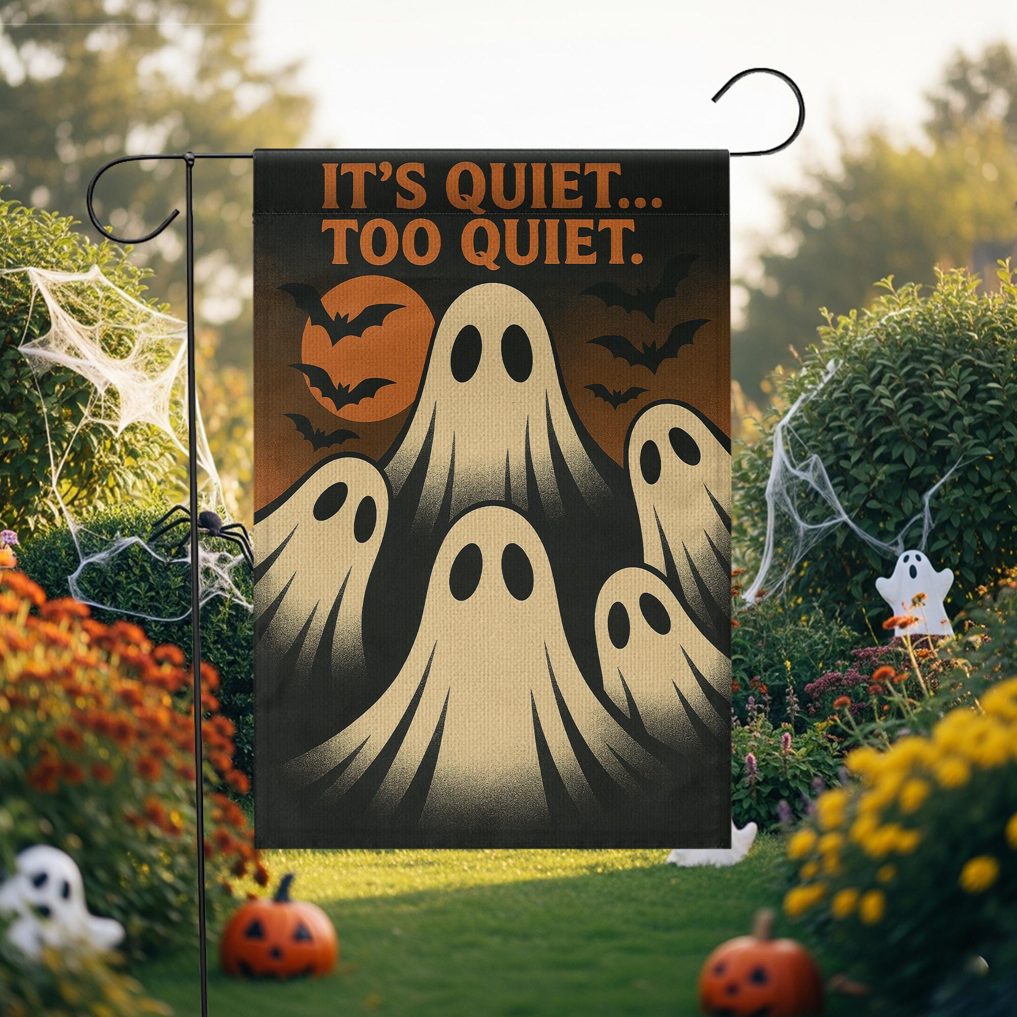 It’s Quiet Too Quiet Garden Flag, Funny Ghost Halloween Yard Decor, Spooky Outdoor Banner, Creepy Cute Fall Porch Decoration, Halloween Yard