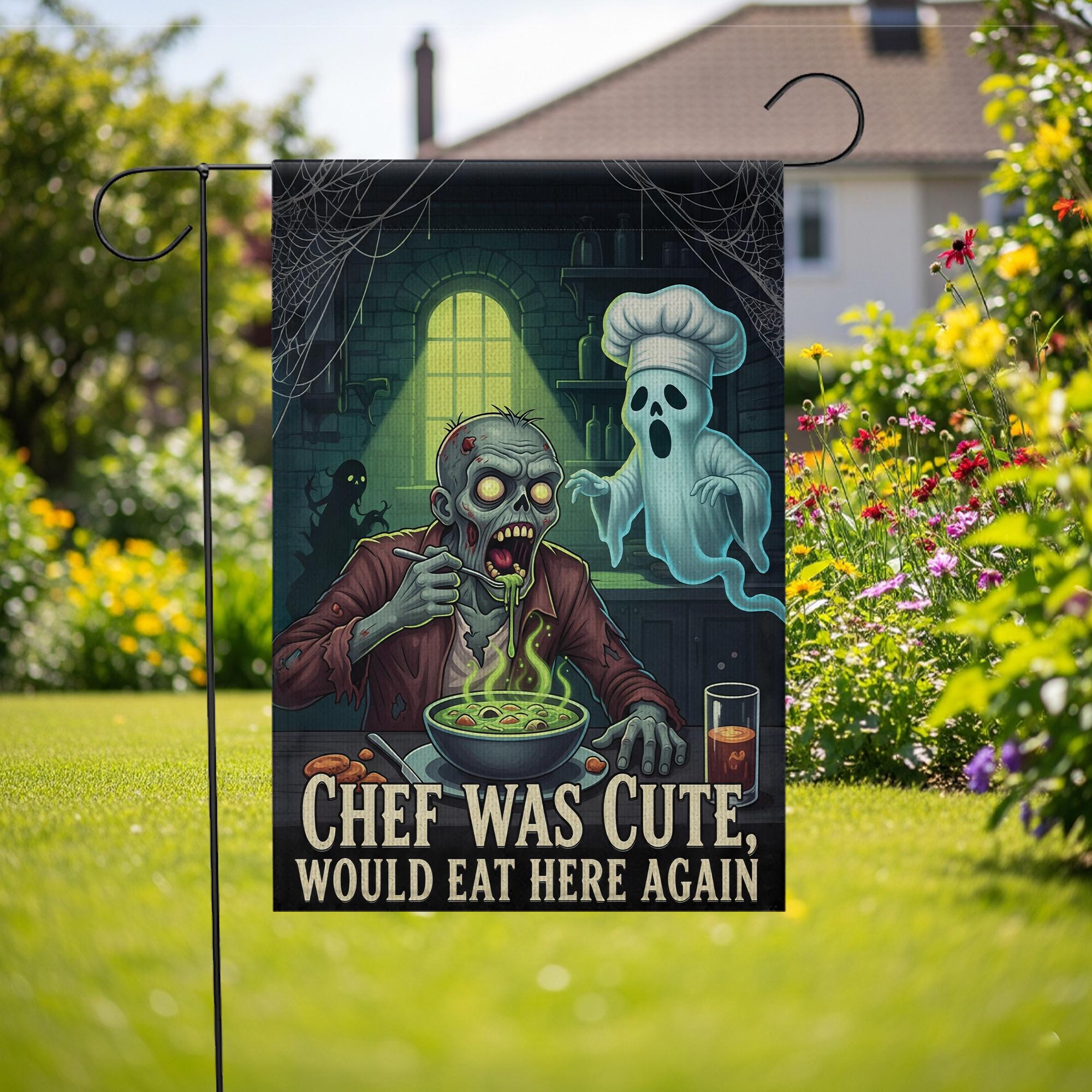 Funny Halloween Garden Flag – Zombie Chef & Ghost Kitchen Decor, Spooky Outdoor Yard Banner, “Chef Was Cute Would Eat Here Again”