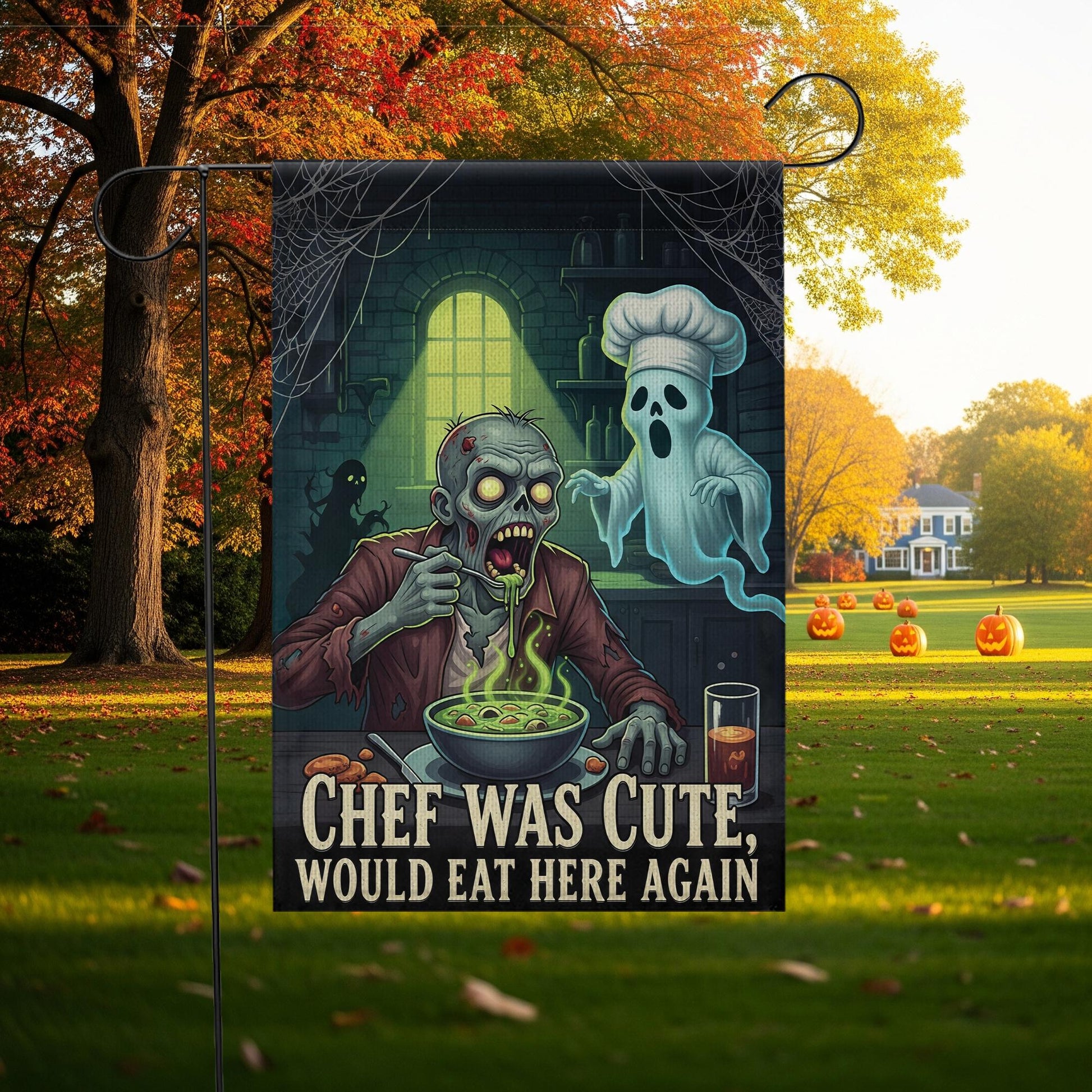 Funny Halloween Garden Flag – Zombie Chef & Ghost Kitchen Decor, Spooky Outdoor Yard Banner, “Chef Was Cute Would Eat Here Again”
