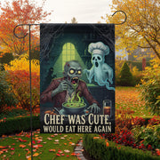 Funny Halloween Garden Flag – Zombie Chef & Ghost Kitchen Decor, Spooky Outdoor Yard Banner, “Chef Was Cute Would Eat Here Again”