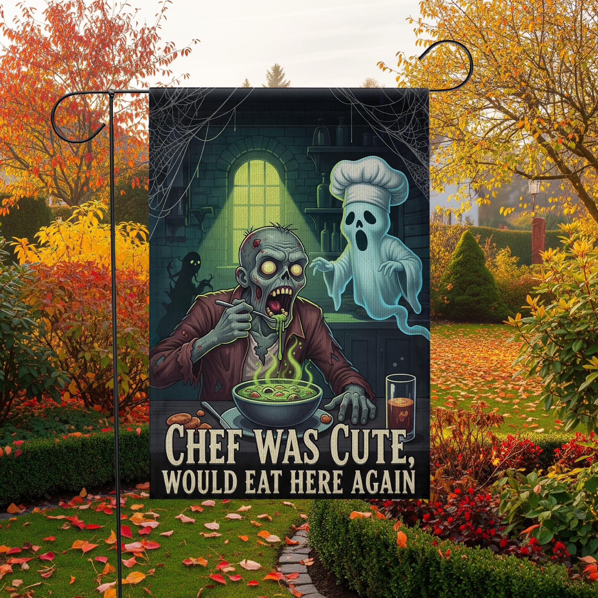 Funny Halloween Garden Flag – Zombie Chef & Ghost Kitchen Decor, Spooky Outdoor Yard Banner, “Chef Was Cute Would Eat Here Again”