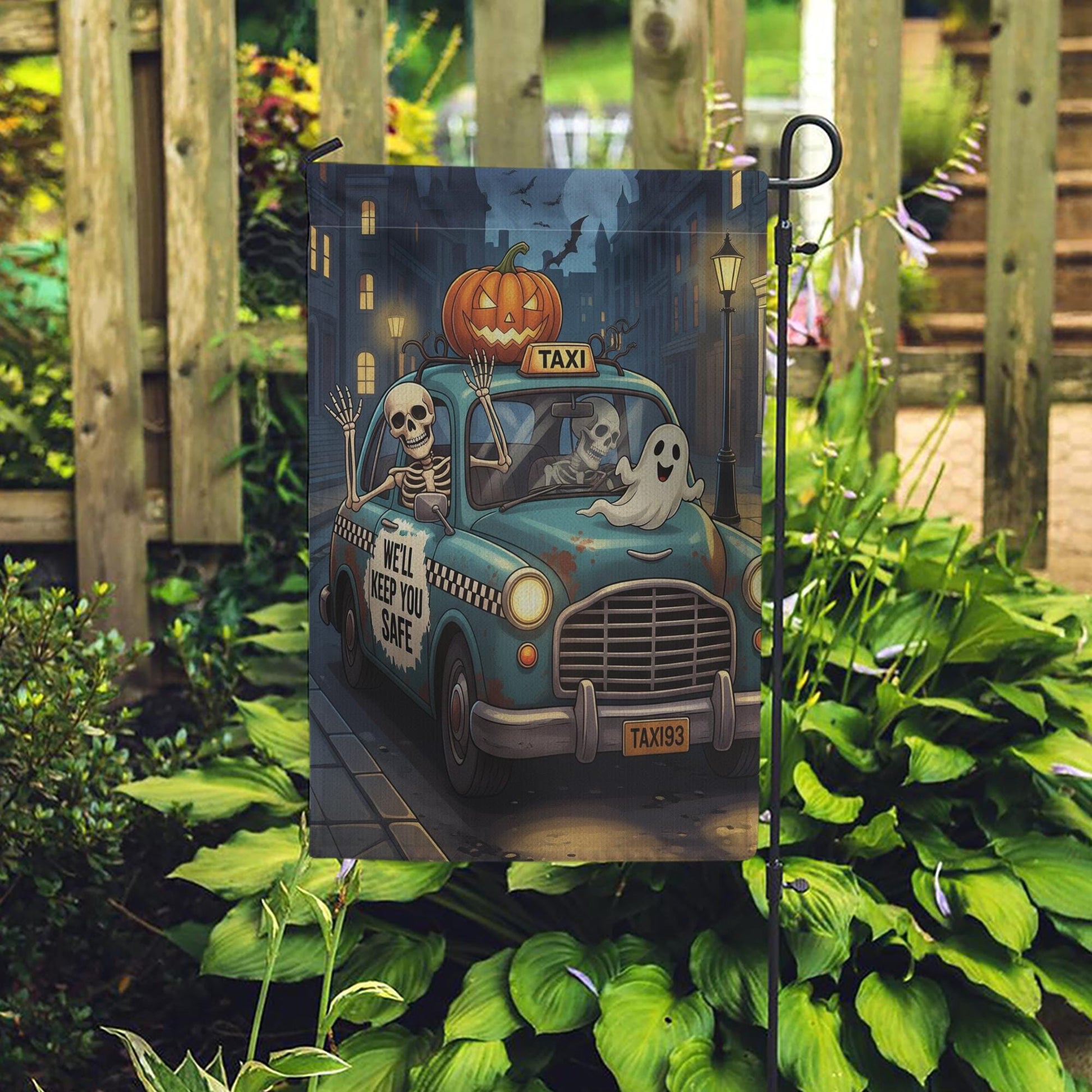 Funny Halloween Garden Flag – Skeleton Taxi Ride with Ghosts & Pumpkin, Spooky Outdoor Yard Decor, “We’ll Keep You Safe” Banner