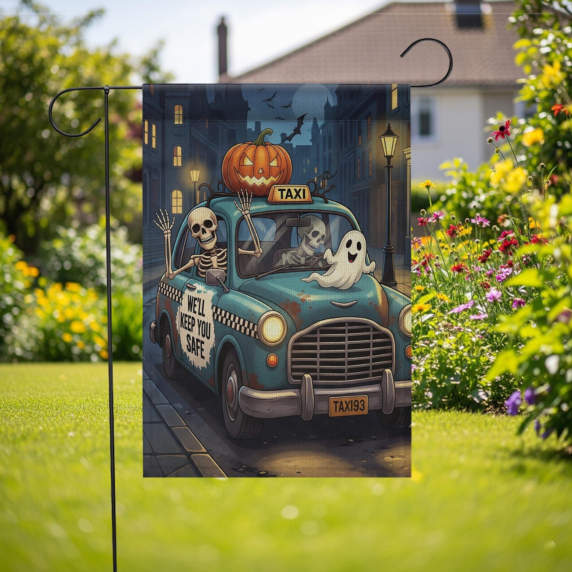 Funny Halloween Garden Flag – Skeleton Taxi Ride with Ghosts & Pumpkin, Spooky Outdoor Yard Decor, “We’ll Keep You Safe” Banner