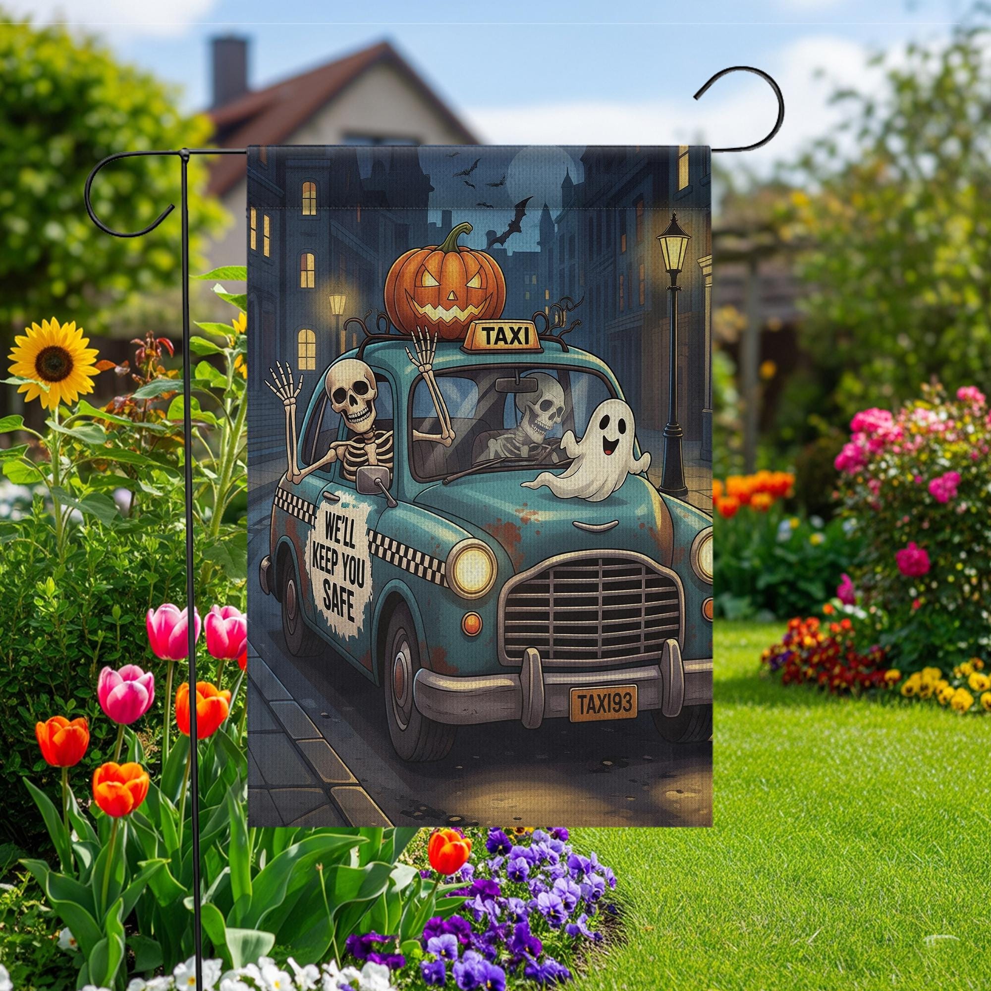 Funny Halloween Garden Flag – Skeleton Taxi Ride with Ghosts & Pumpkin, Spooky Outdoor Yard Decor, “We’ll Keep You Safe” Banner