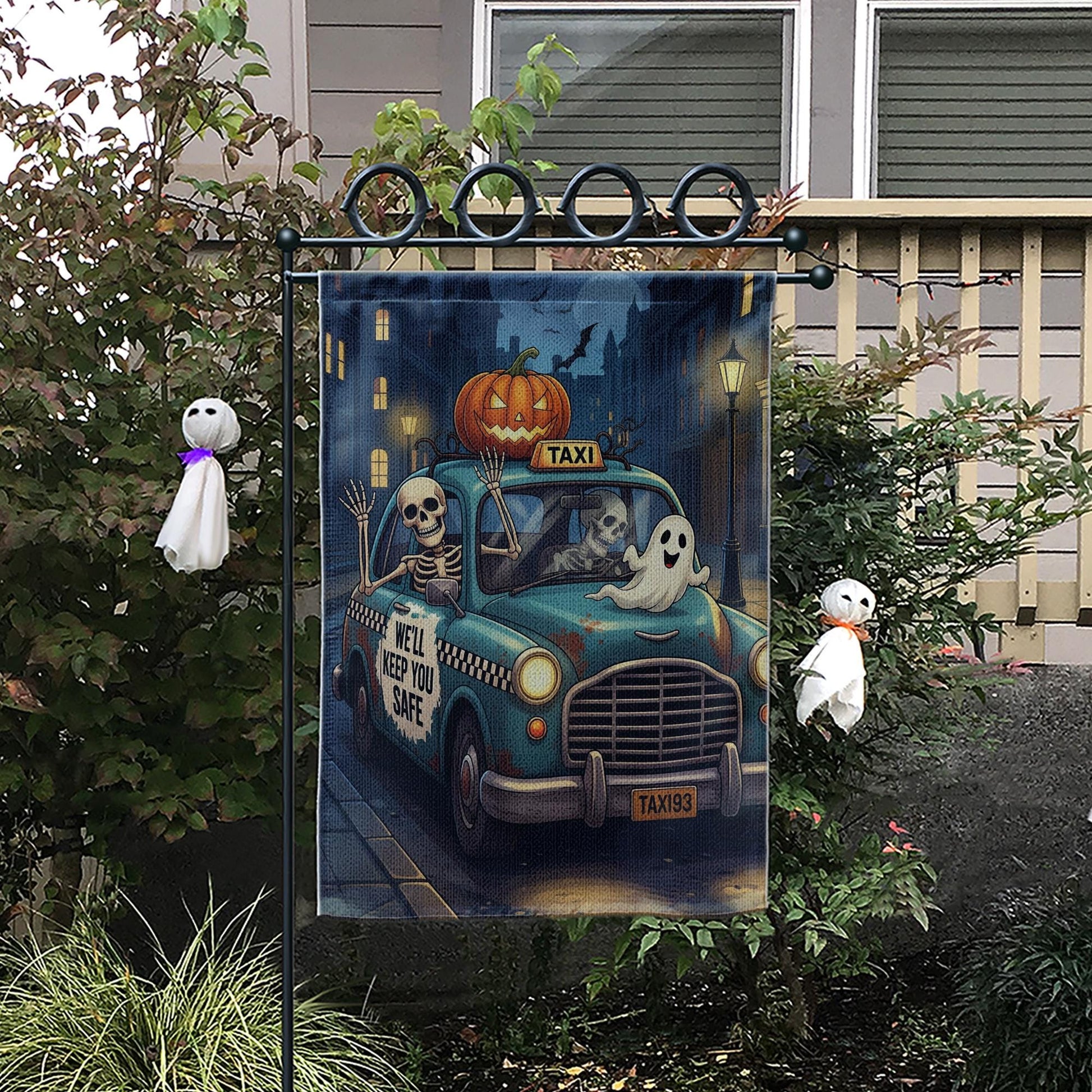 Funny Halloween Garden Flag – Skeleton Taxi Ride with Ghosts & Pumpkin, Spooky Outdoor Yard Decor, “We’ll Keep You Safe” Banner