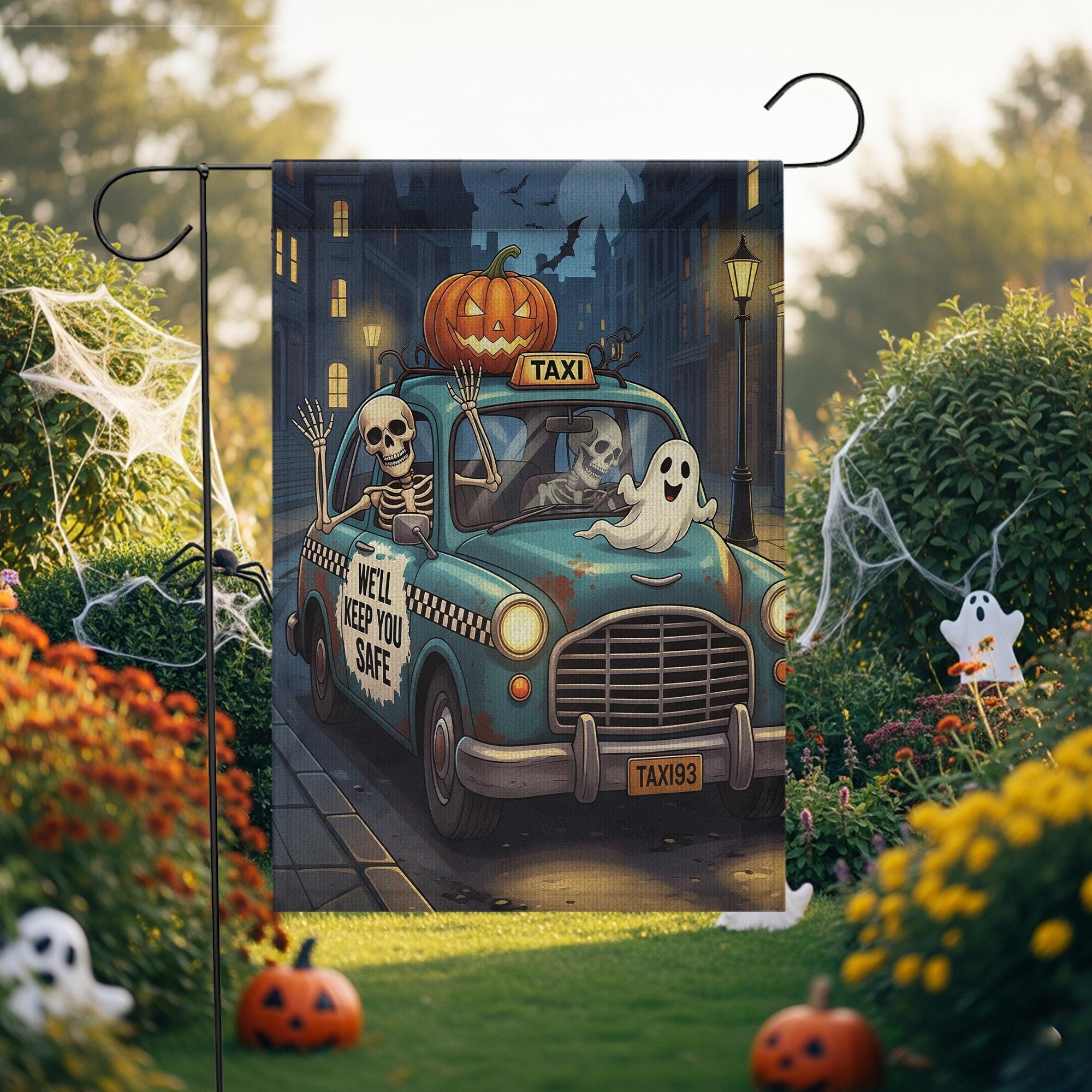 Funny Halloween Garden Flag – Skeleton Taxi Ride with Ghosts & Pumpkin, Spooky Outdoor Yard Decor, “We’ll Keep You Safe” Banner