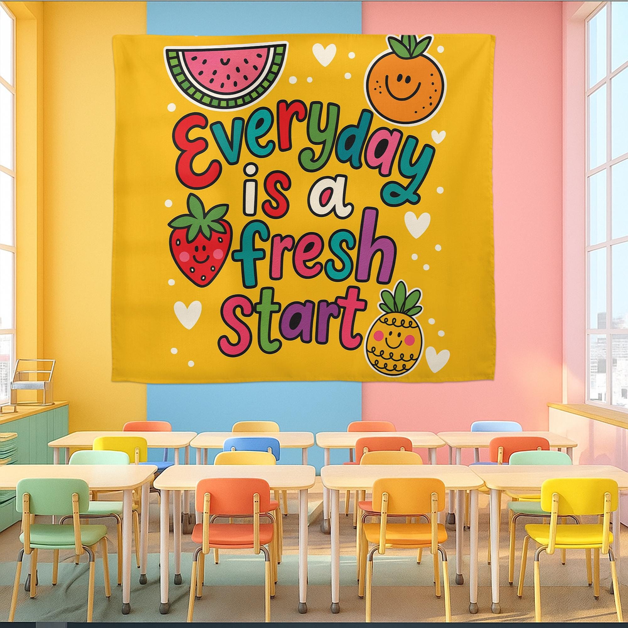 Everyday Is a Fresh Start Wall Art – Colorful Fruit-Themed Motivational Poster for Classroom, Preschool, or Kids Room Decor, Fruit Sign