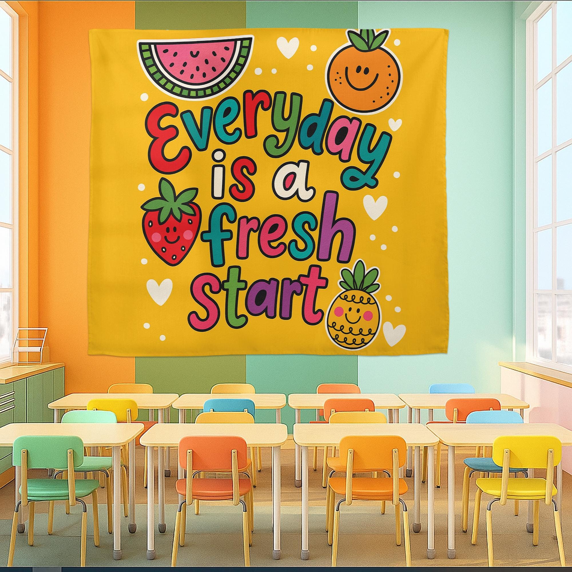 Everyday Is a Fresh Start Wall Art – Colorful Fruit-Themed Motivational Poster for Classroom, Preschool, or Kids Room Decor, Fruit Sign