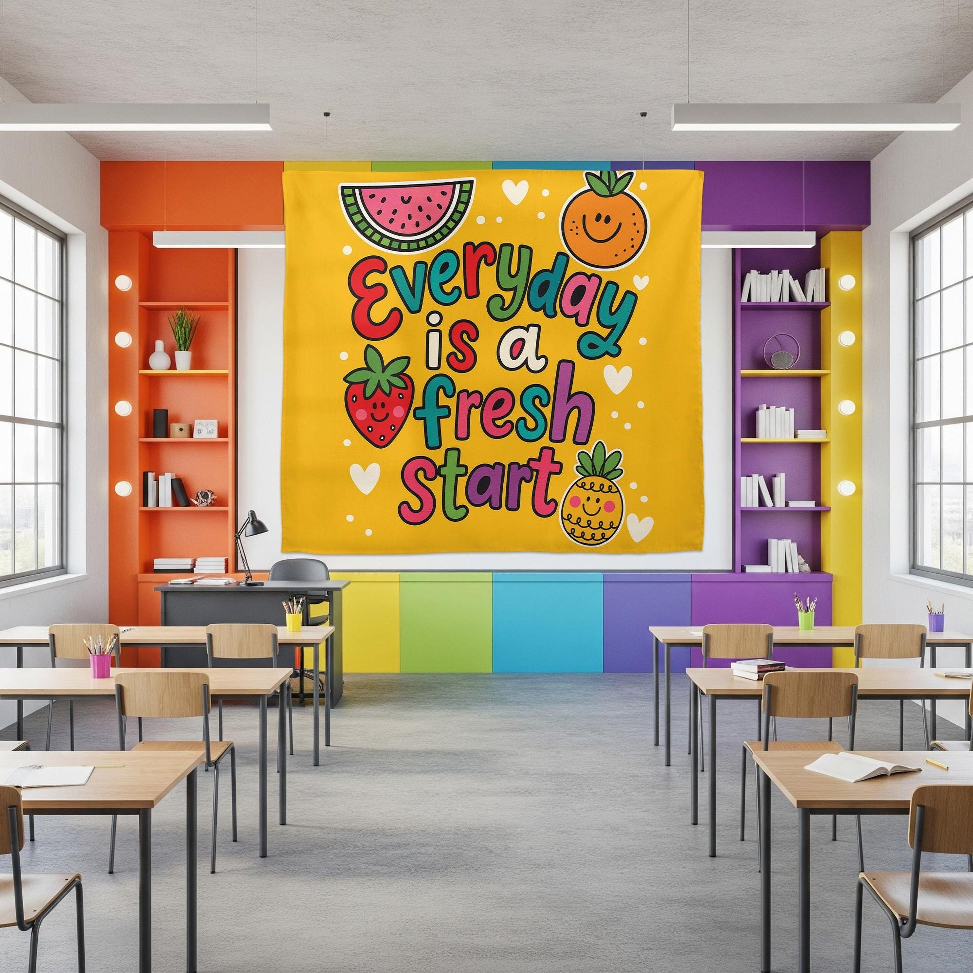 Everyday Is a Fresh Start Wall Art – Colorful Fruit-Themed Motivational Poster for Classroom, Preschool, or Kids Room Decor, Fruit Sign