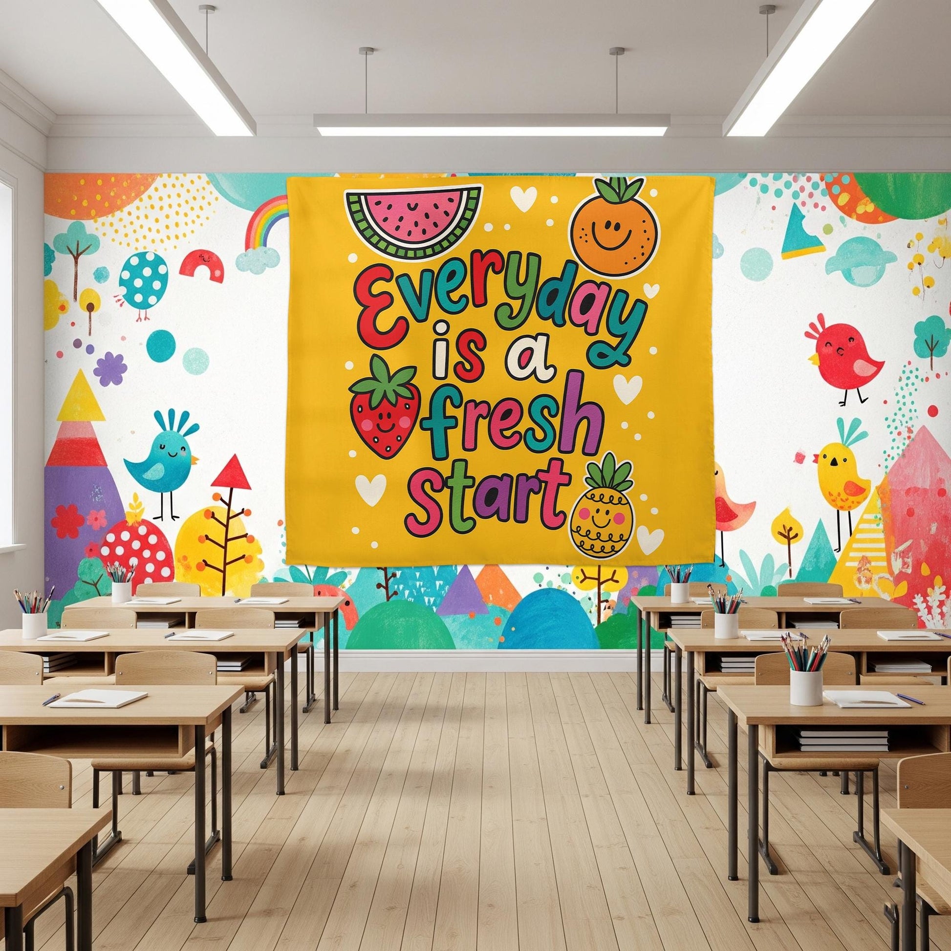 Everyday Is a Fresh Start Wall Art – Colorful Fruit-Themed Motivational Poster for Classroom, Preschool, or Kids Room Decor, Fruit Sign