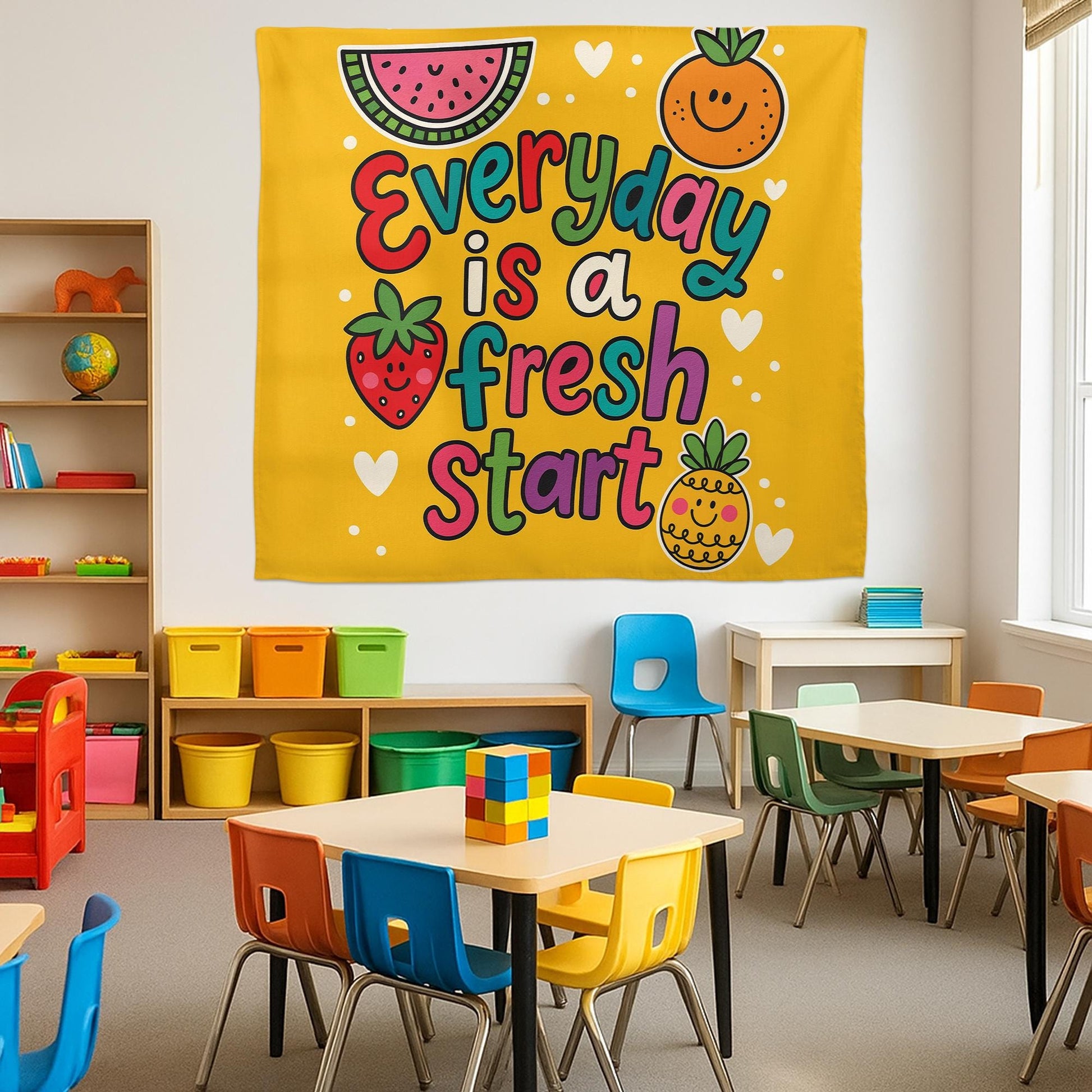 Everyday Is a Fresh Start Wall Art – Colorful Fruit-Themed Motivational Poster for Classroom, Preschool, or Kids Room Decor, Fruit Sign