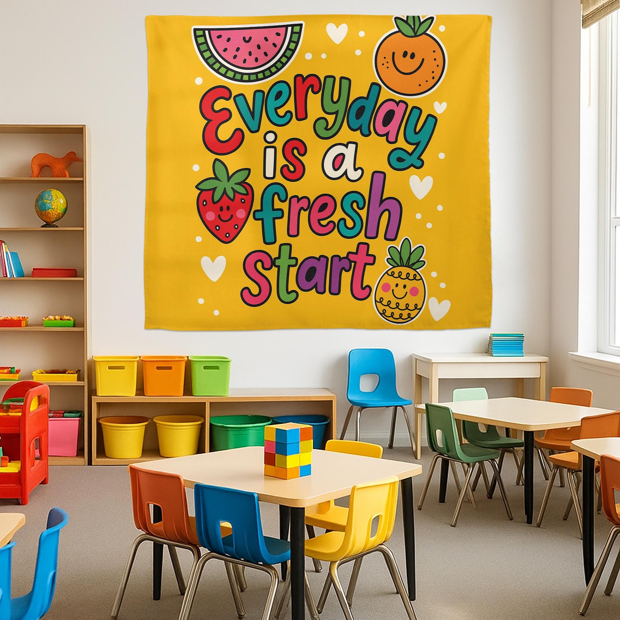 Everyday Is a Fresh Start Wall Art – Colorful Fruit-Themed Motivational Poster for Classroom, Preschool, or Kids Room Decor, Fruit Sign