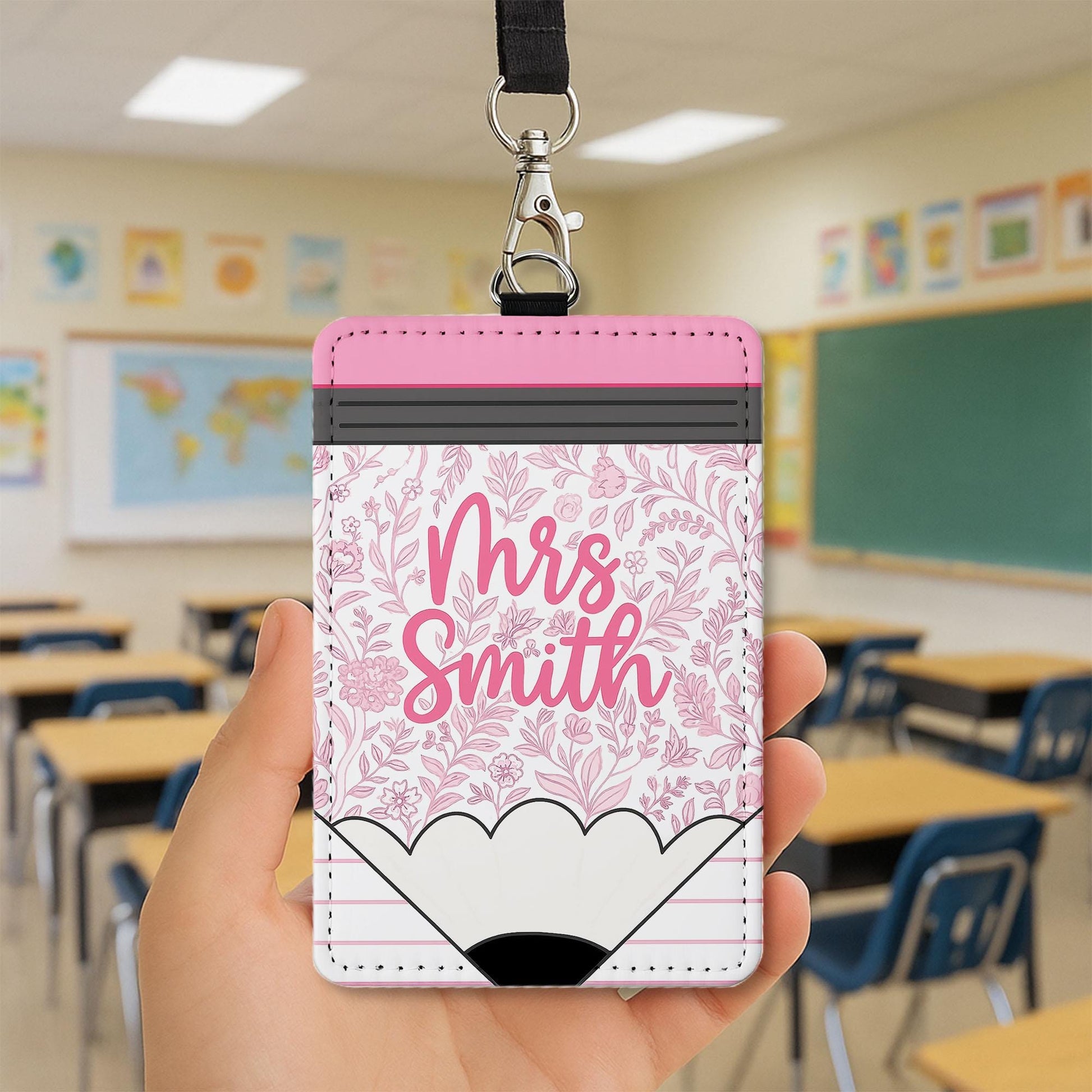 Chinoiserie Teacher Badge Holder, Personalized Pencil ID Tag, Floral Lanyard Name Tag, Cute Classroom Accessory for Women