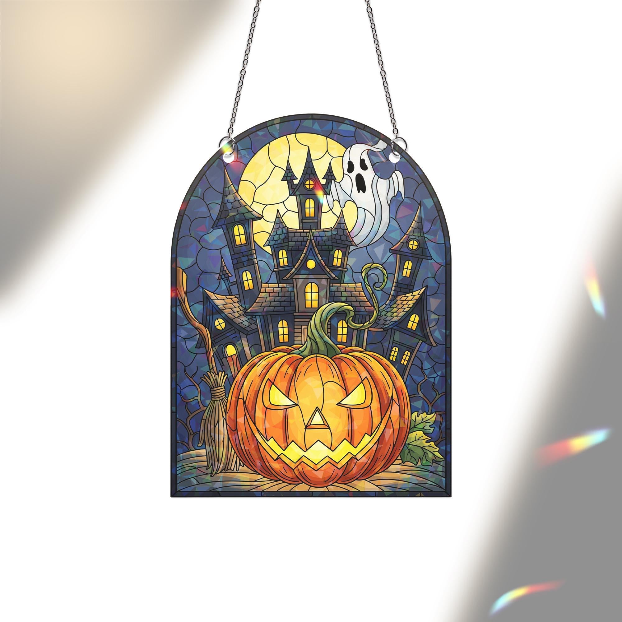 Halloween Hologram Ornament – Spooky Pumpkin, Haunted House, Ghost ACRYLIC Window Hanging, Fall Gothic Decor for Home or Office