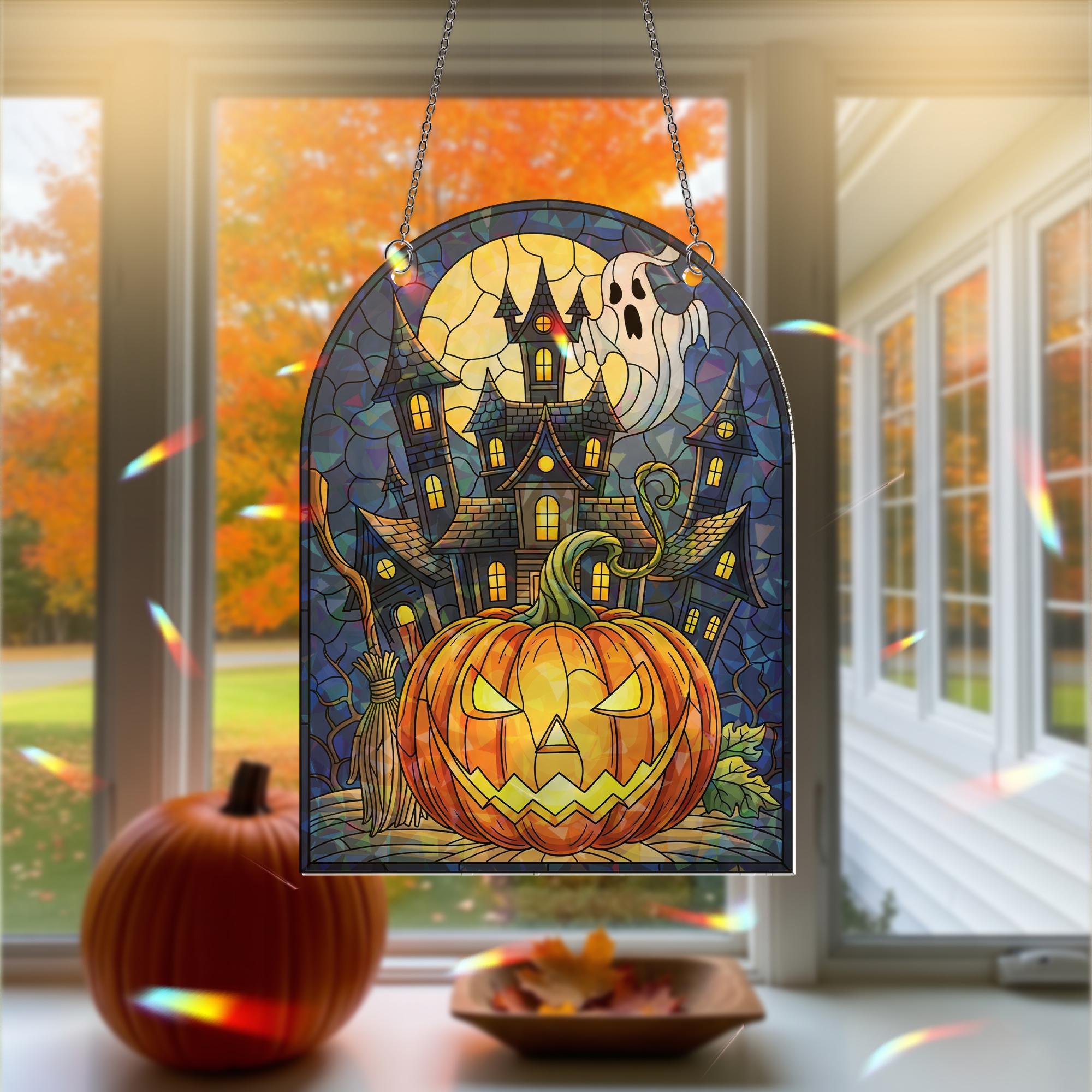 Halloween Hologram Ornament – Spooky Pumpkin, Haunted House, Ghost ACRYLIC Window Hanging, Fall Gothic Decor for Home or Office