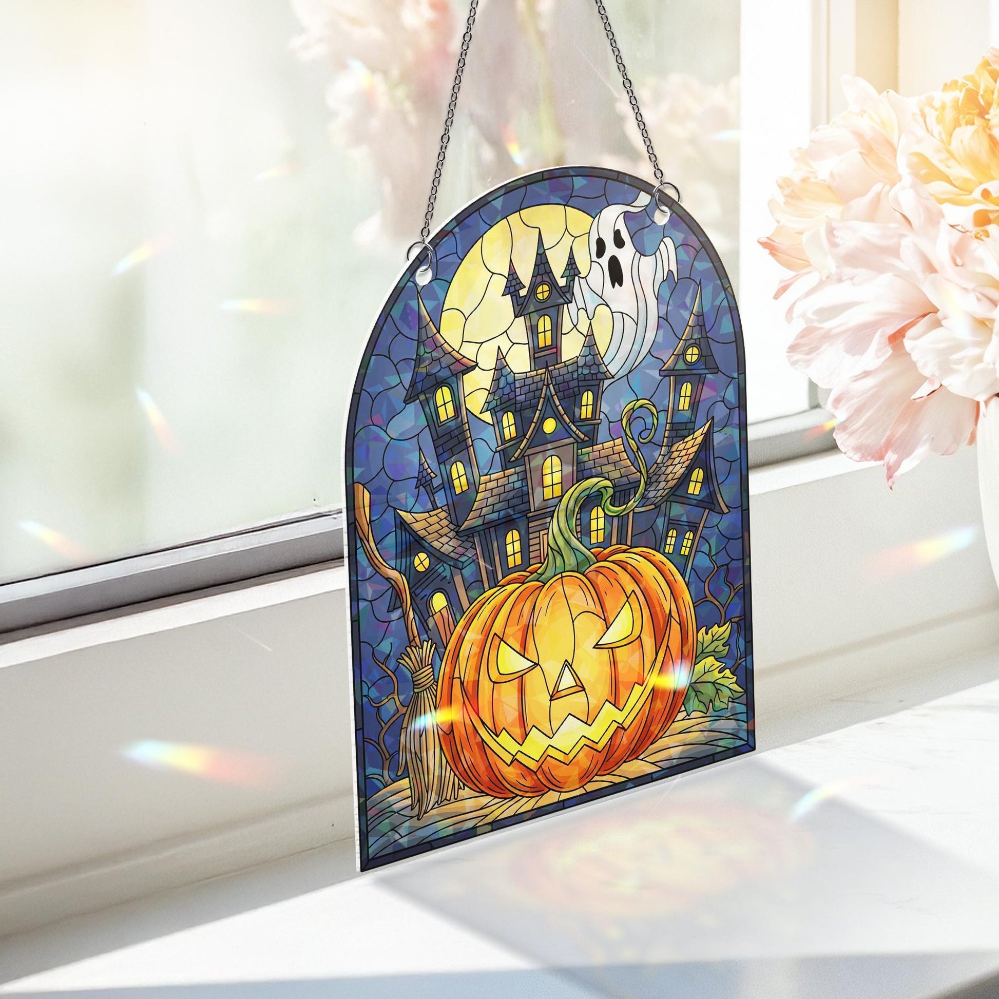 Halloween Hologram Ornament – Spooky Pumpkin, Haunted House, Ghost ACRYLIC Window Hanging, Fall Gothic Decor for Home or Office