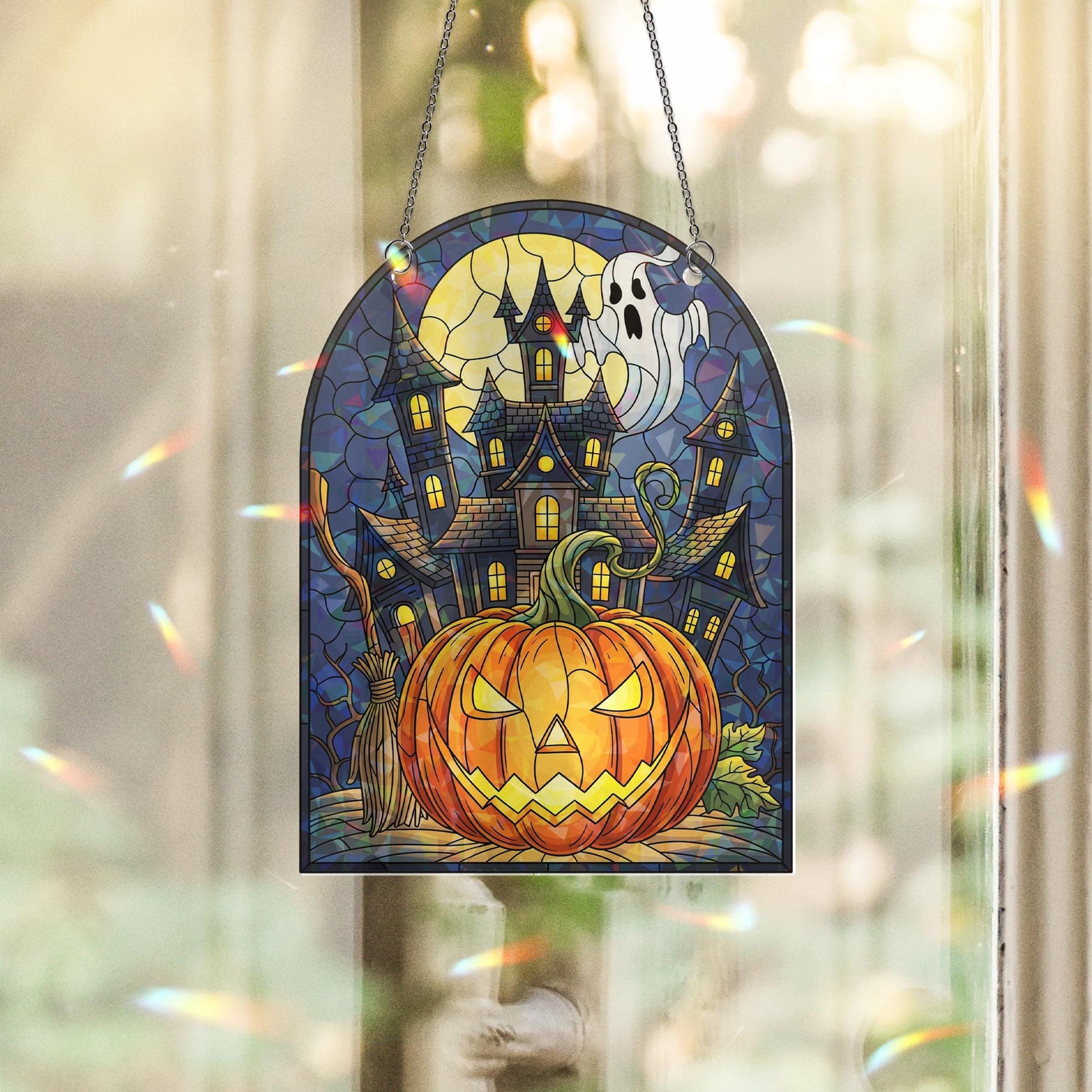 Halloween Hologram Ornament – Spooky Pumpkin, Haunted House, Ghost ACRYLIC Window Hanging, Fall Gothic Decor for Home or Office