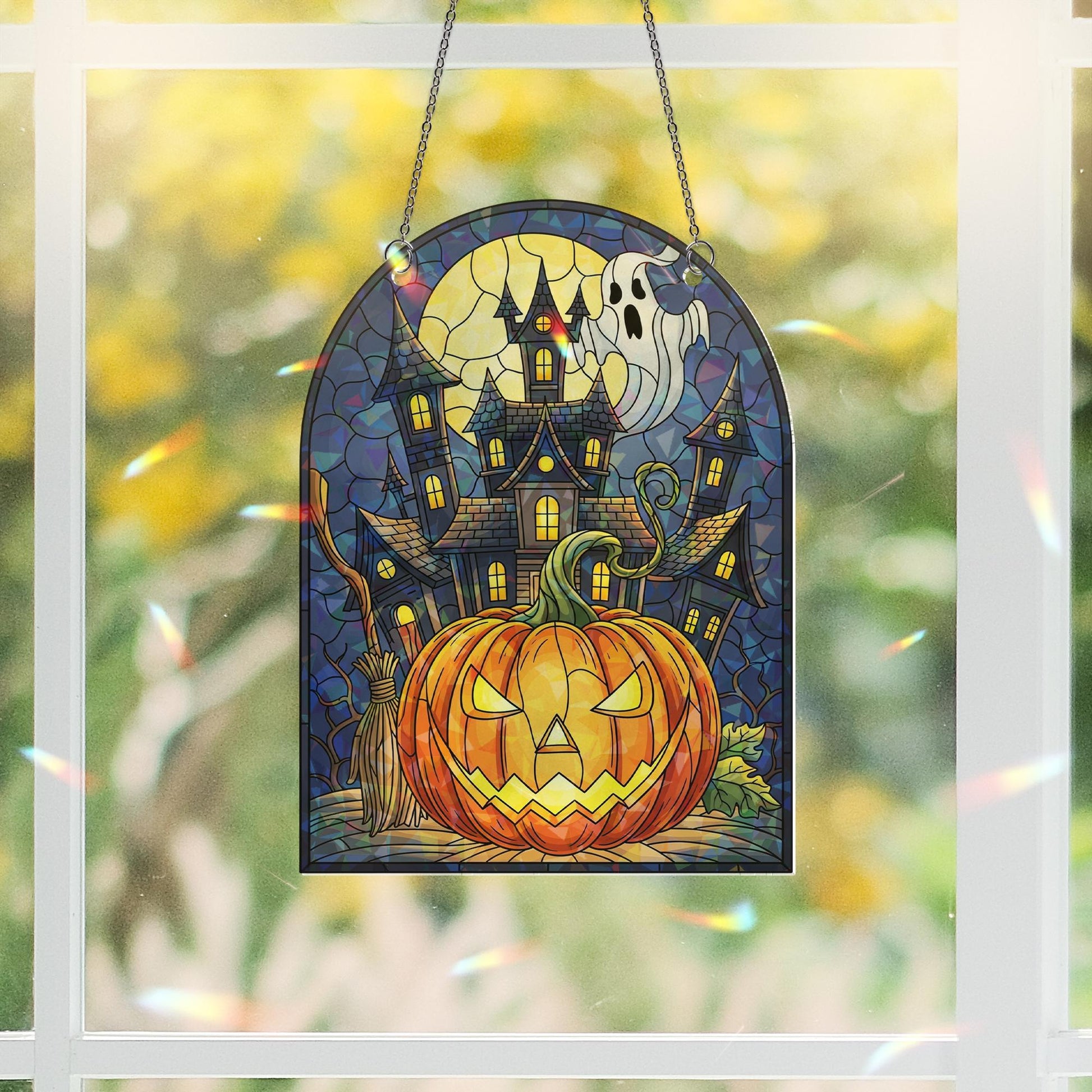 Halloween Hologram Ornament – Spooky Pumpkin, Haunted House, Ghost ACRYLIC Window Hanging, Fall Gothic Decor for Home or Office