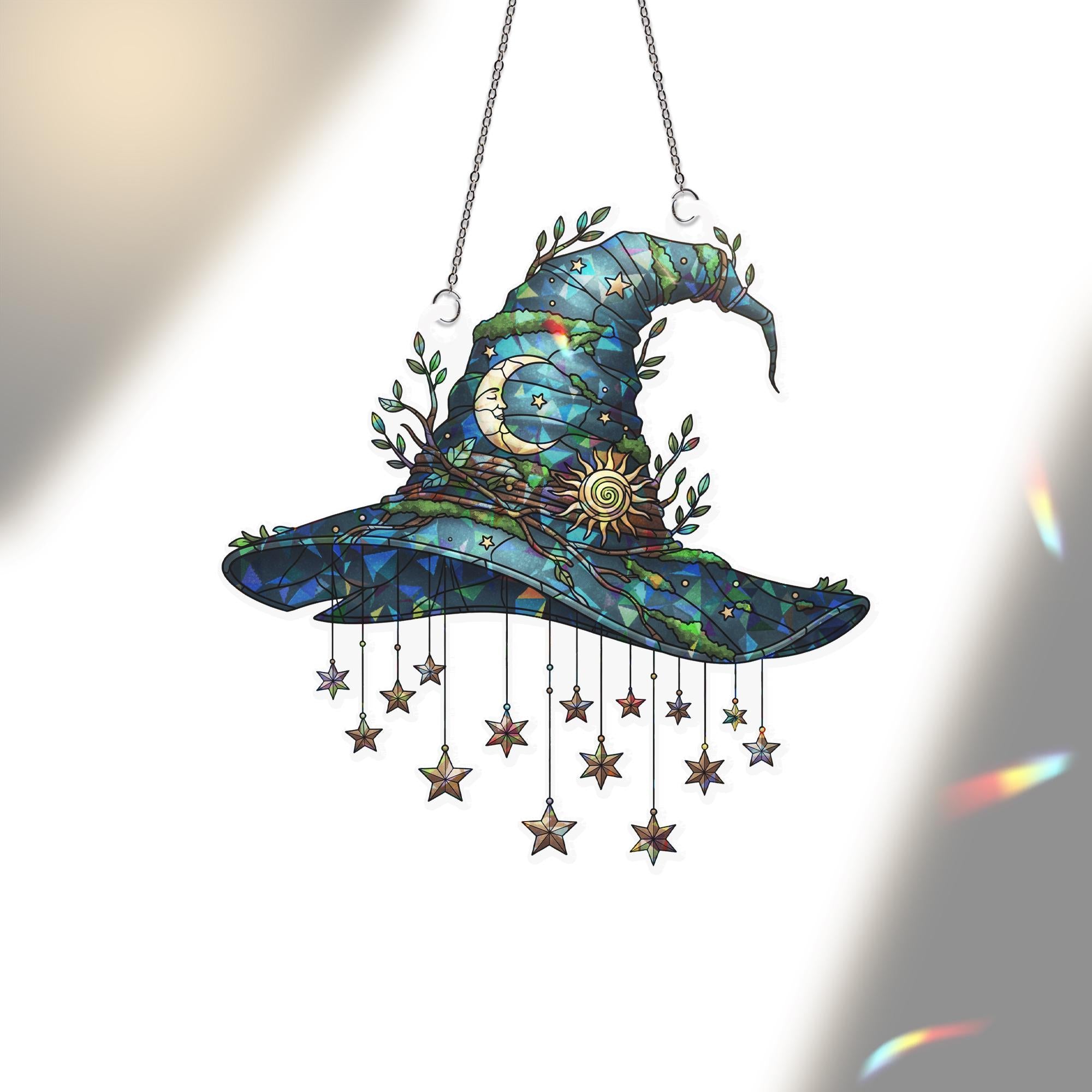 Mystical Witch Hat Holographic Window Hanging – Celestial Sun Moon Stars Decor, Boho Gothic Suncatcher for Home or Car Window