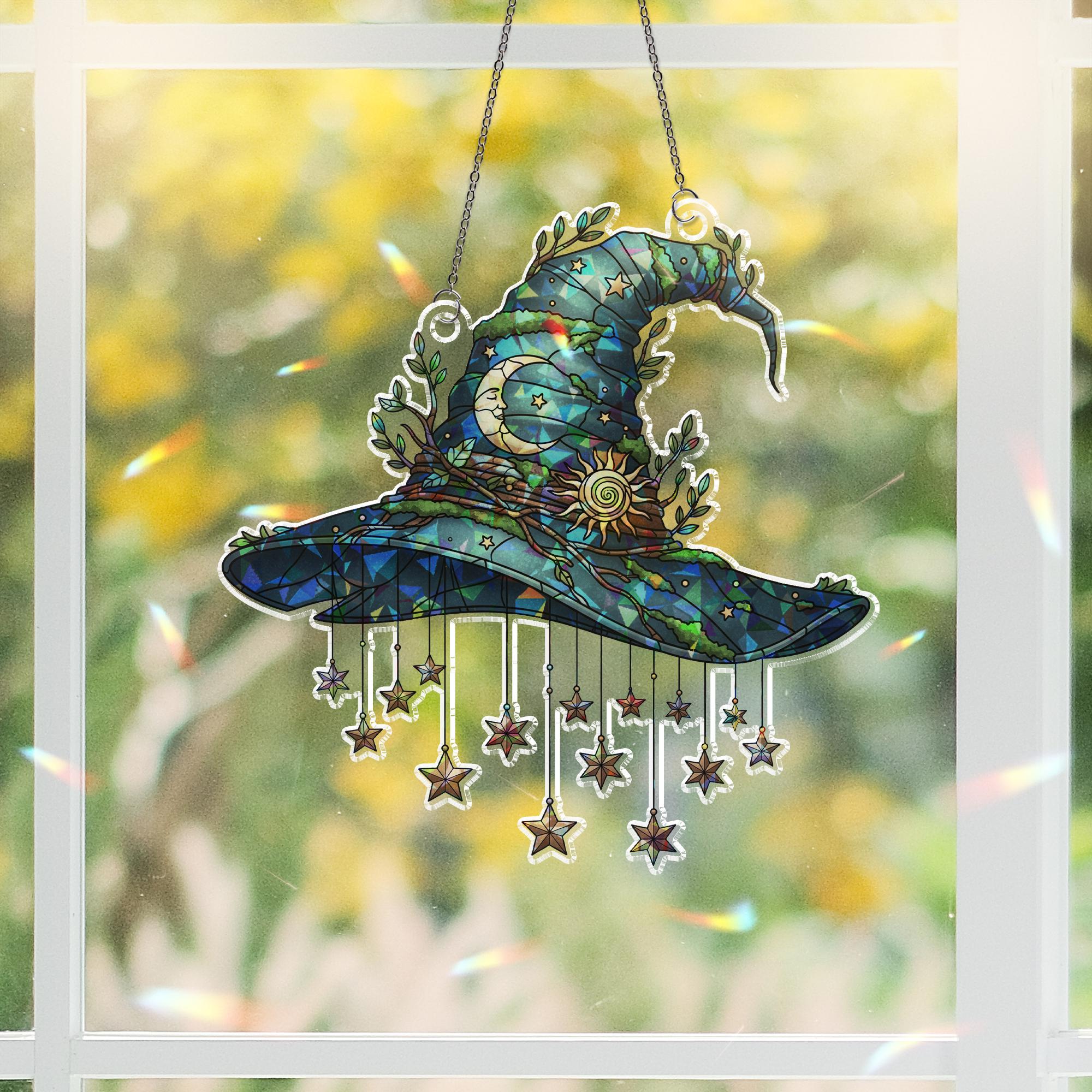 Mystical Witch Hat Holographic Window Hanging – Celestial Sun Moon Stars Decor, Boho Gothic Suncatcher for Home or Car Window
