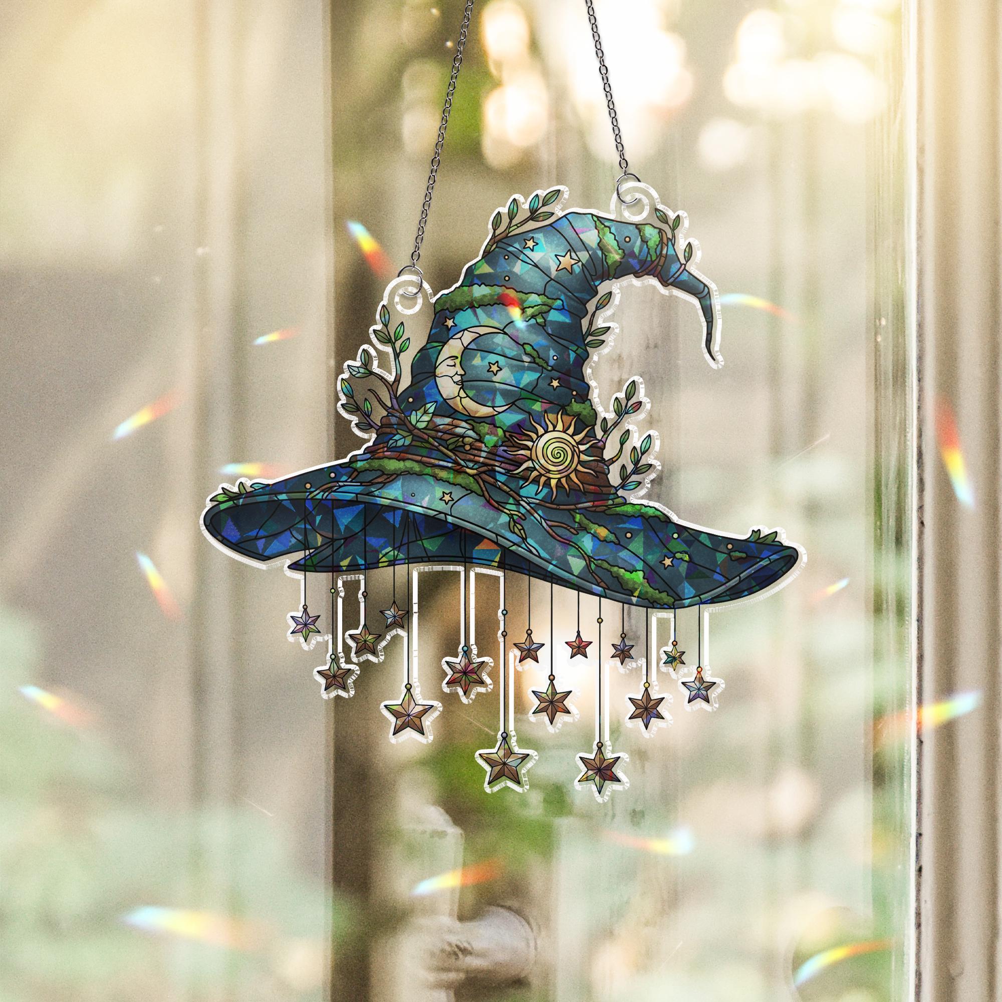 Mystical Witch Hat Holographic Window Hanging – Celestial Sun Moon Stars Decor, Boho Gothic Suncatcher for Home or Car Window