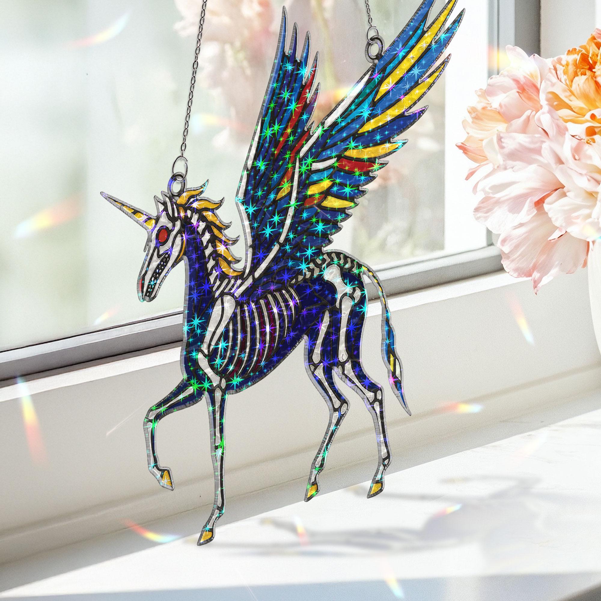 Holographic Skeleton Unicorn Suncatcher | Gothic Halloween Suncatcher Window Decor | Creepy Cute Fantasy Gift | Spooky Crystal Light Catcher