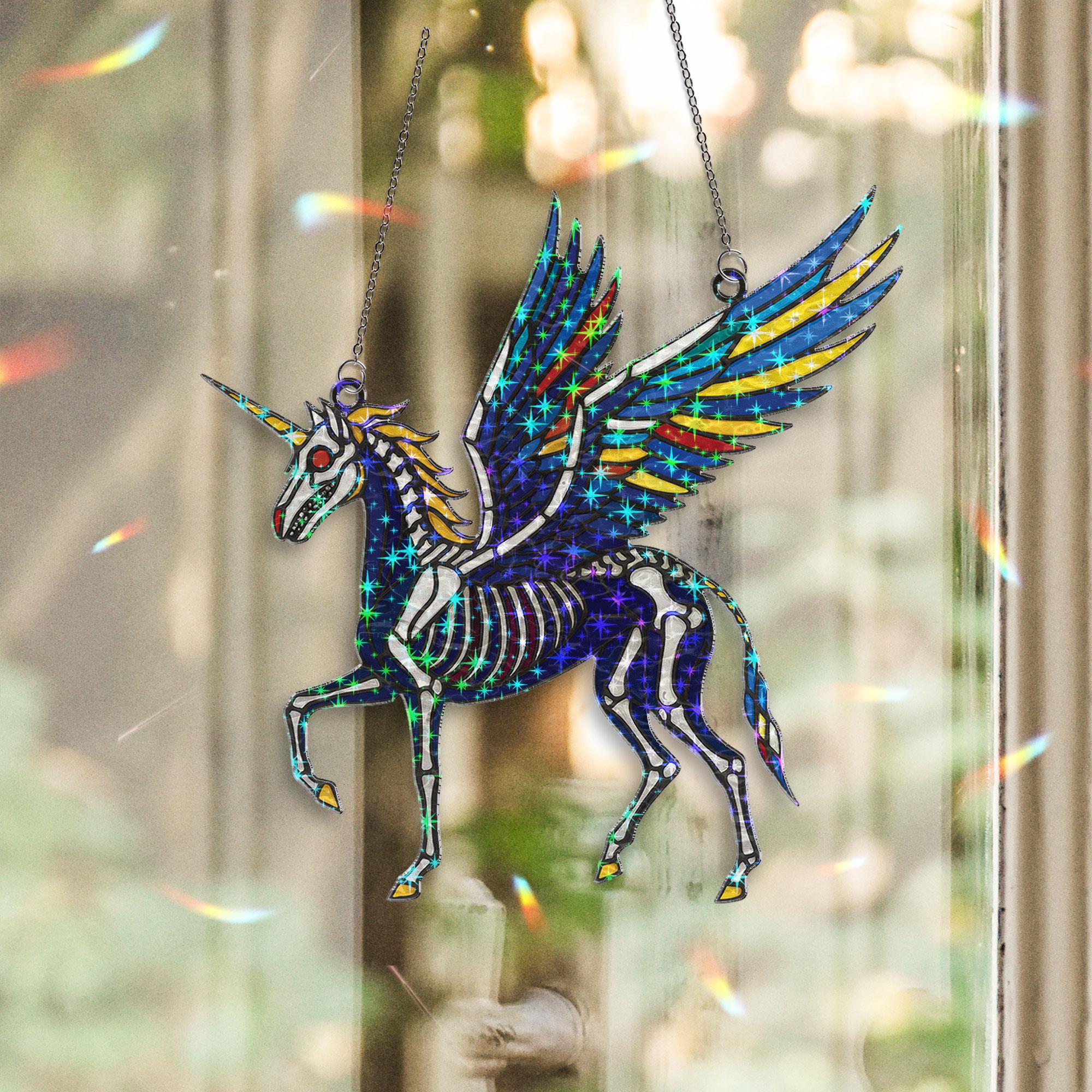 Holographic Skeleton Unicorn Suncatcher | Gothic Halloween Suncatcher Window Decor | Creepy Cute Fantasy Gift | Spooky Crystal Light Catcher