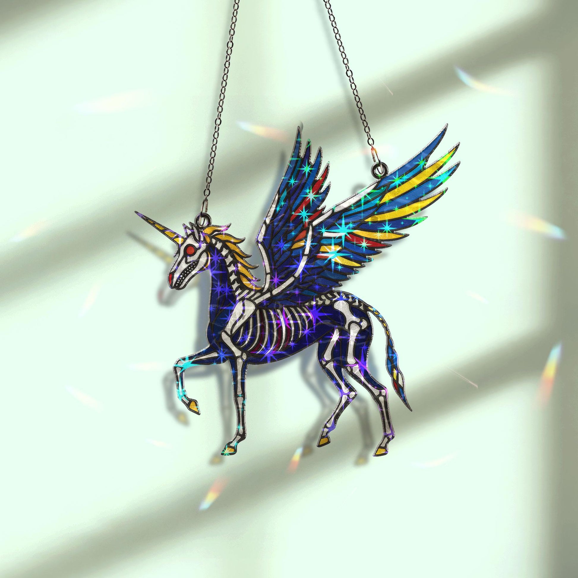 Holographic Skeleton Unicorn Suncatcher | Gothic Halloween Suncatcher Window Decor | Creepy Cute Fantasy Gift | Spooky Crystal Light Catcher