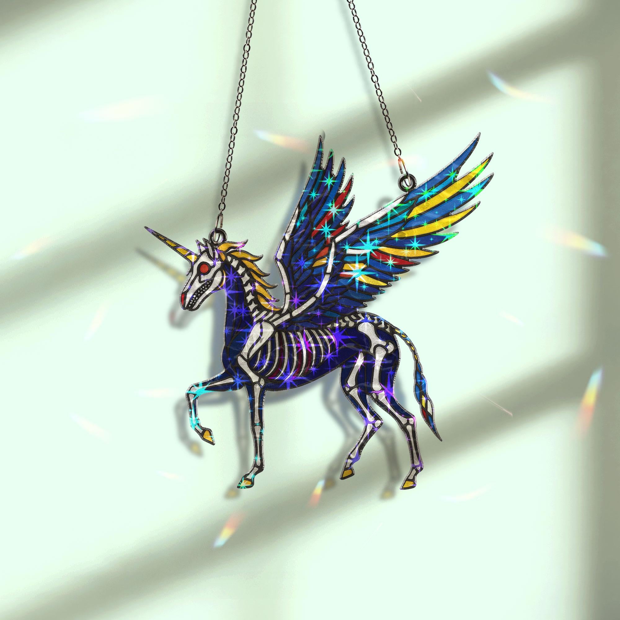 Holographic Skeleton Unicorn Suncatcher | Gothic Halloween Suncatcher Window Decor | Creepy Cute Fantasy Gift | Spooky Crystal Light Catcher